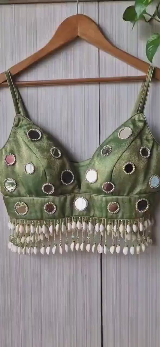 Hand Embroidered Sage Green Saree Blouse, Mirror, Shells Embellishment, Plunge Lehenga Top DVBL_508