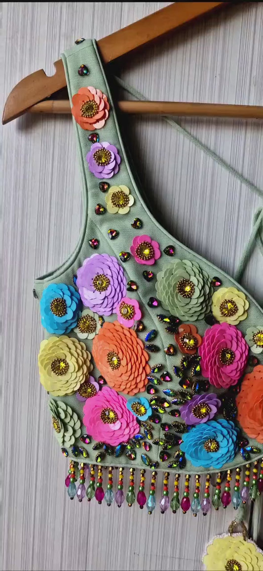 Hand Embroidered Mint Green Blouse, Multicolor Floral, Deep Sweetheart Neck DVBL_492