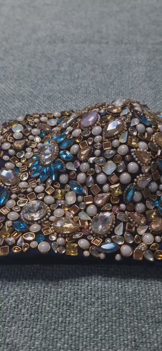 Hand Embroidered Bejeweled Blouse, Kundan Embellished. Blue, Strapless Bralette DVBL_502