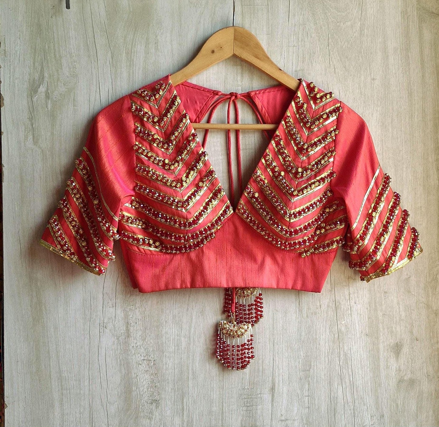Hand Embroidered Saree Blouse, Coral Pink Silk, V Neck Elbow Sleeves DVBL_474
