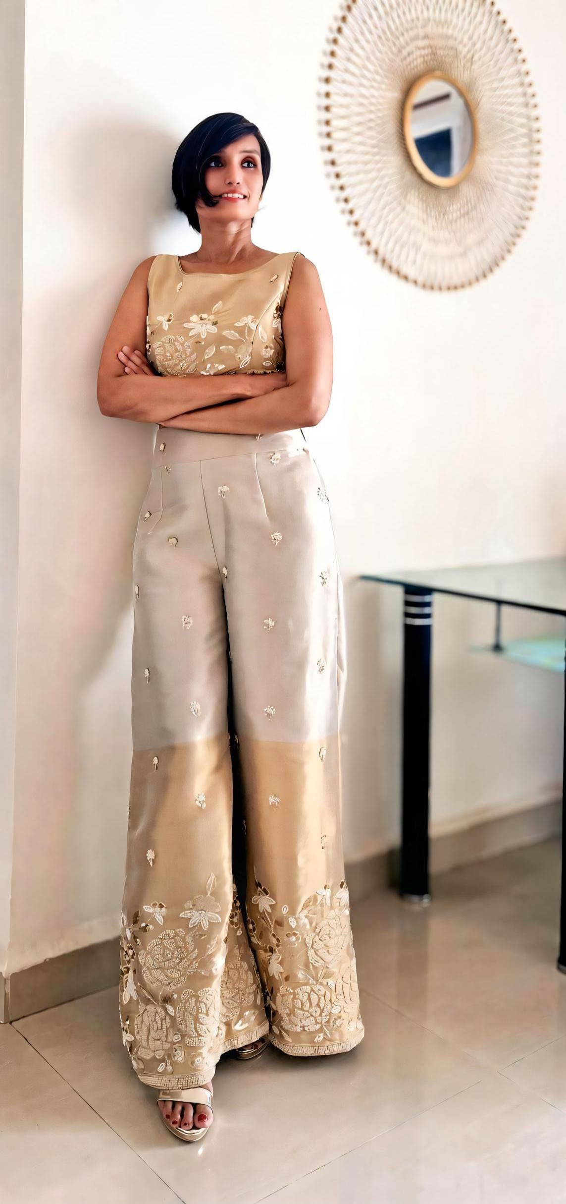 Gold Silver Embroidered Tissue Silk Pants, Top Co-ord Set DVCW_004