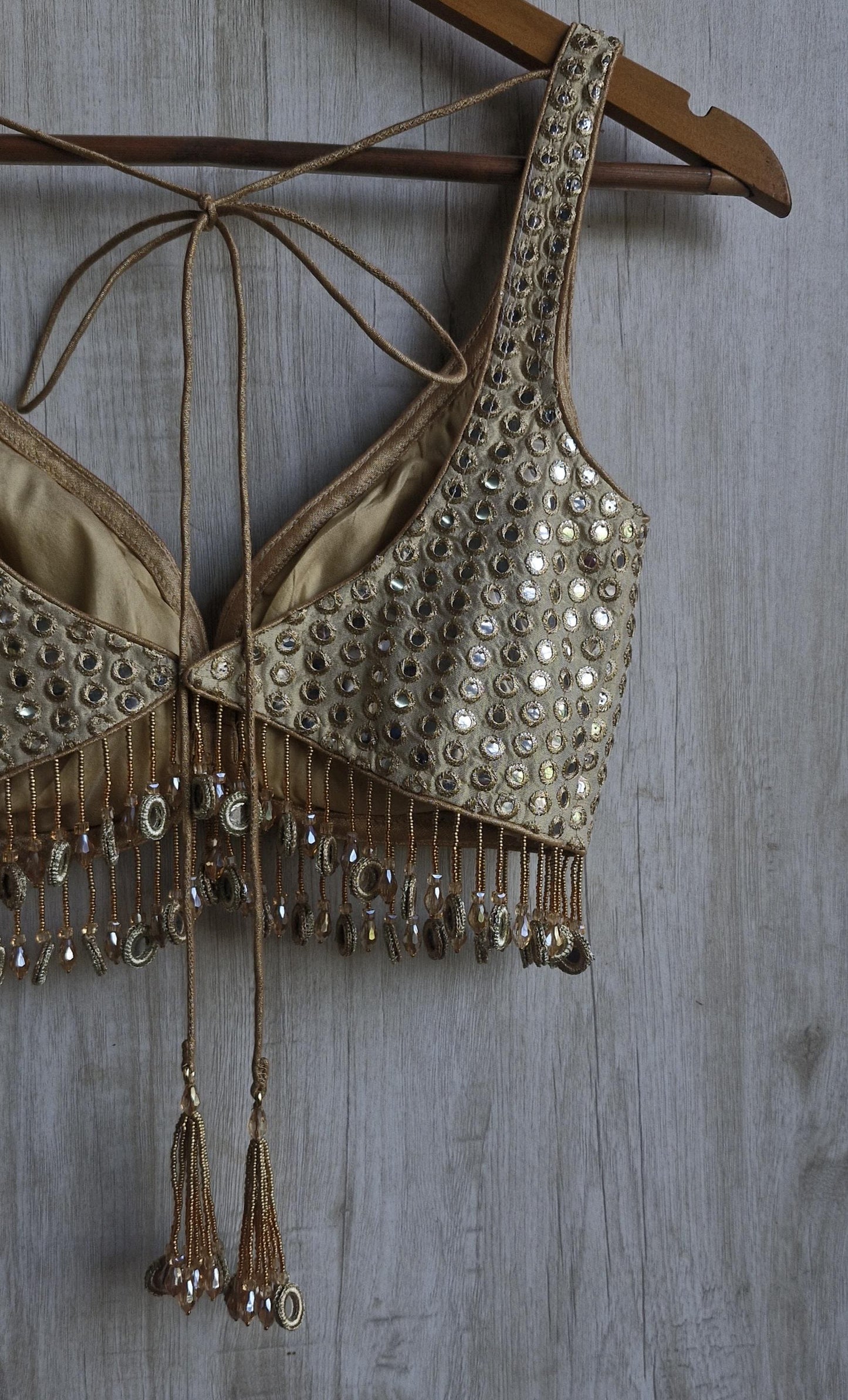 Champagne Gold Saree Blouse, Tissue Silk Sweetheart Neck, Mirror Fringes DVBL_479