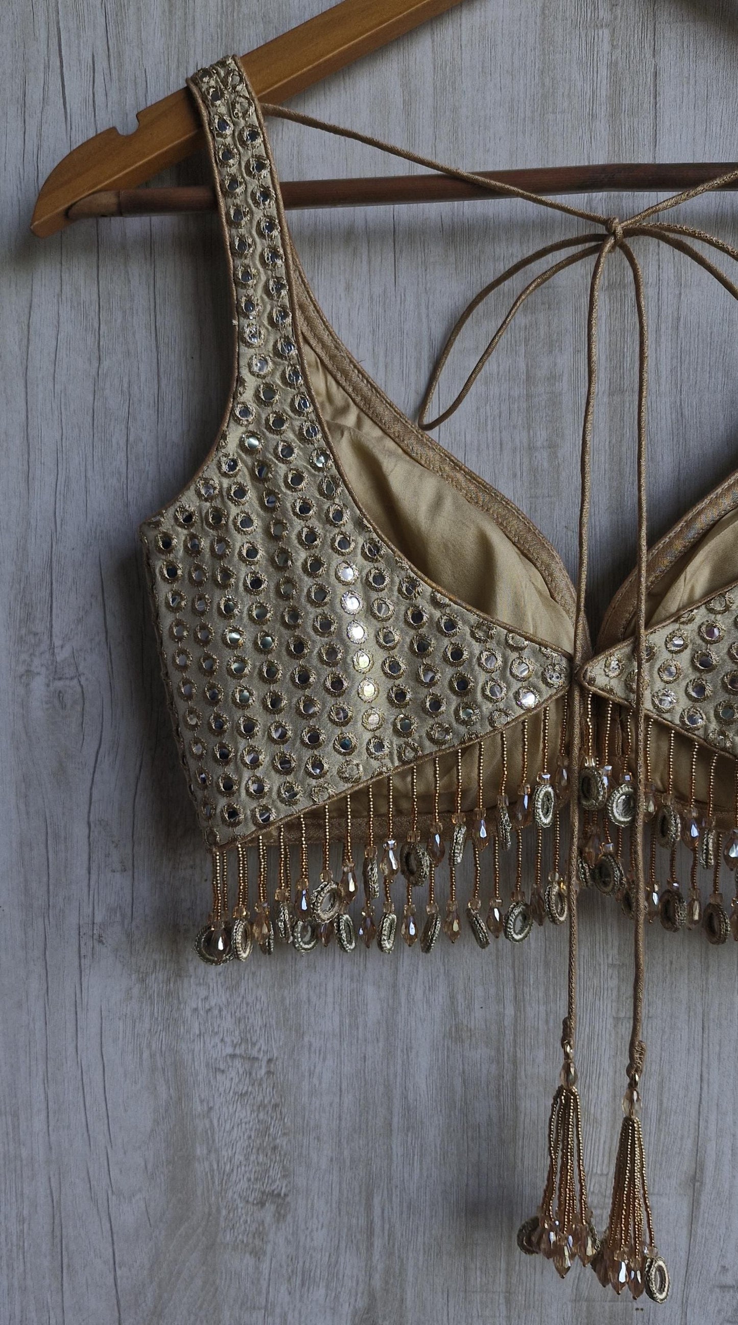 Champagne Gold Saree Blouse, Tissue Silk Sweetheart Neck, Mirror Fringes DVBL_479