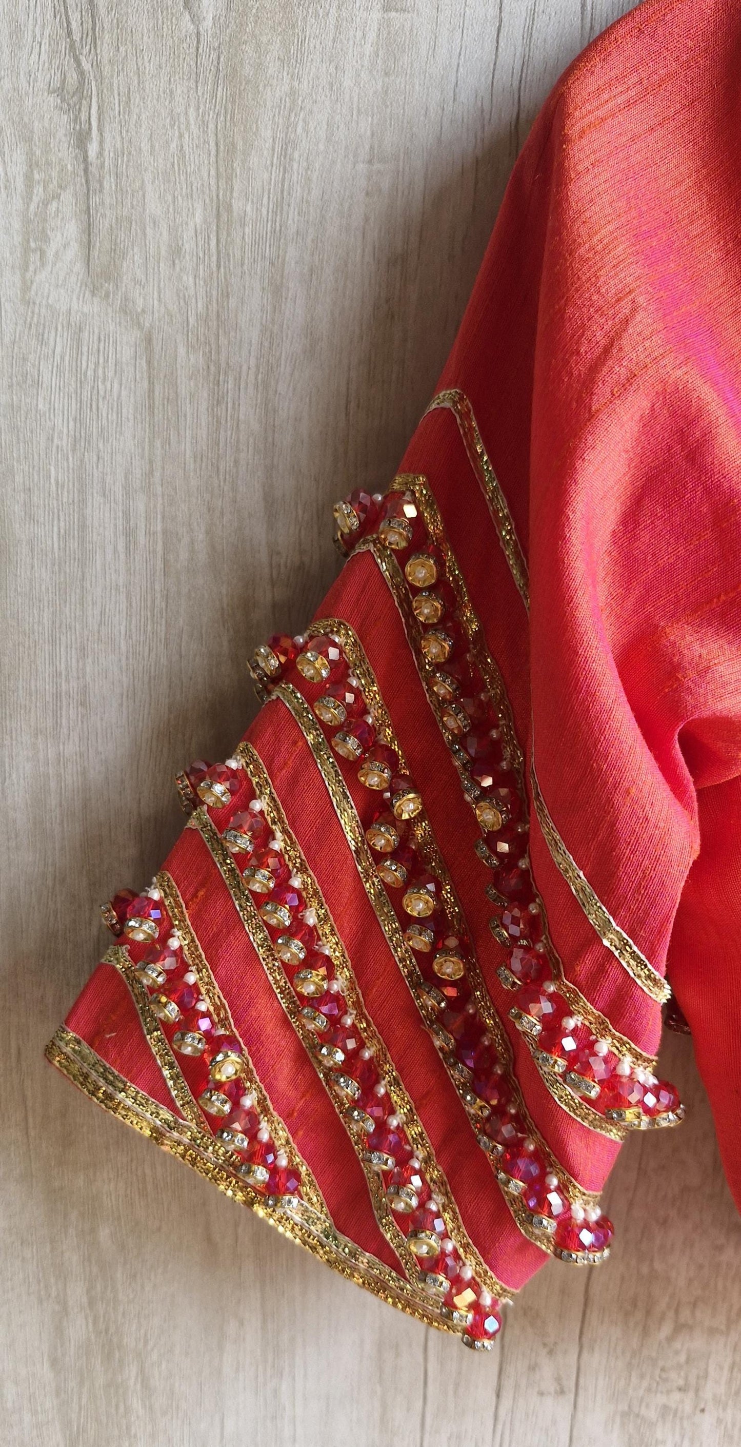 Hand Embroidered Saree Blouse, Coral Pink Silk, V Neck Elbow Sleeves DVBL_474
