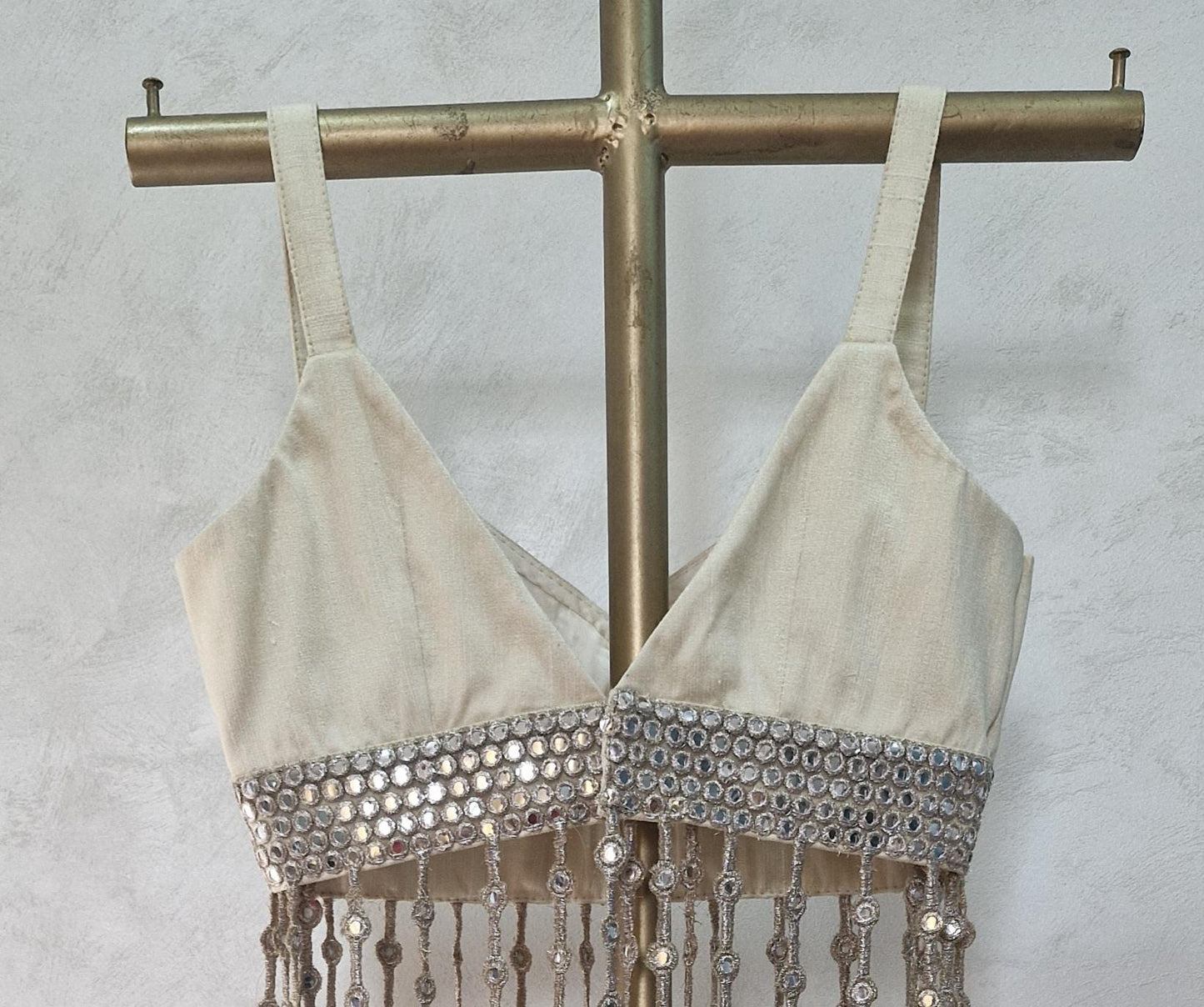 Cream Gold Saree Blouse, Raw Silk V Neck, Mirror Fringes DVBL_477