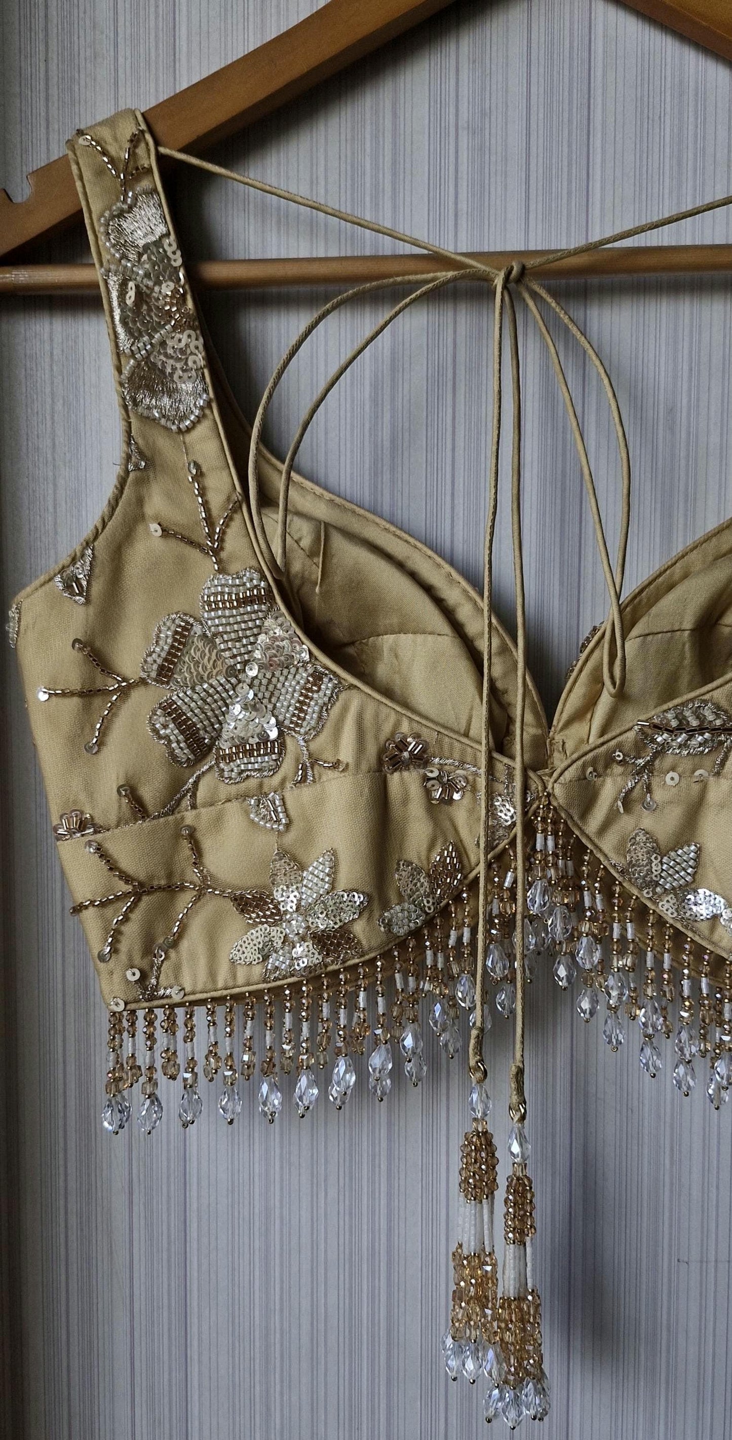 Golden Beige Saree Blouse, Embroidered Net Sweetheart Neck DVBL_476