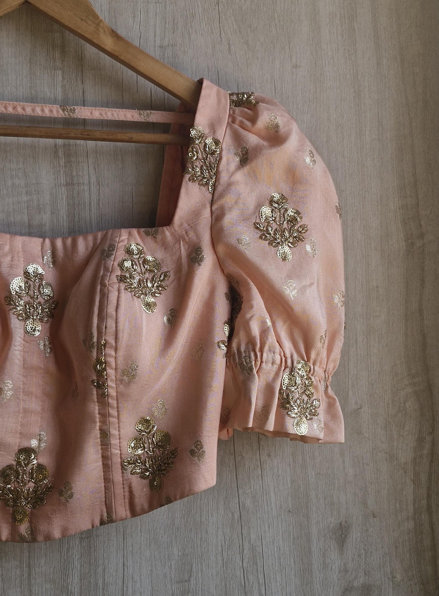 Peach Embroidered Puff Sleeves Silk Corset Blouse DVCB_013