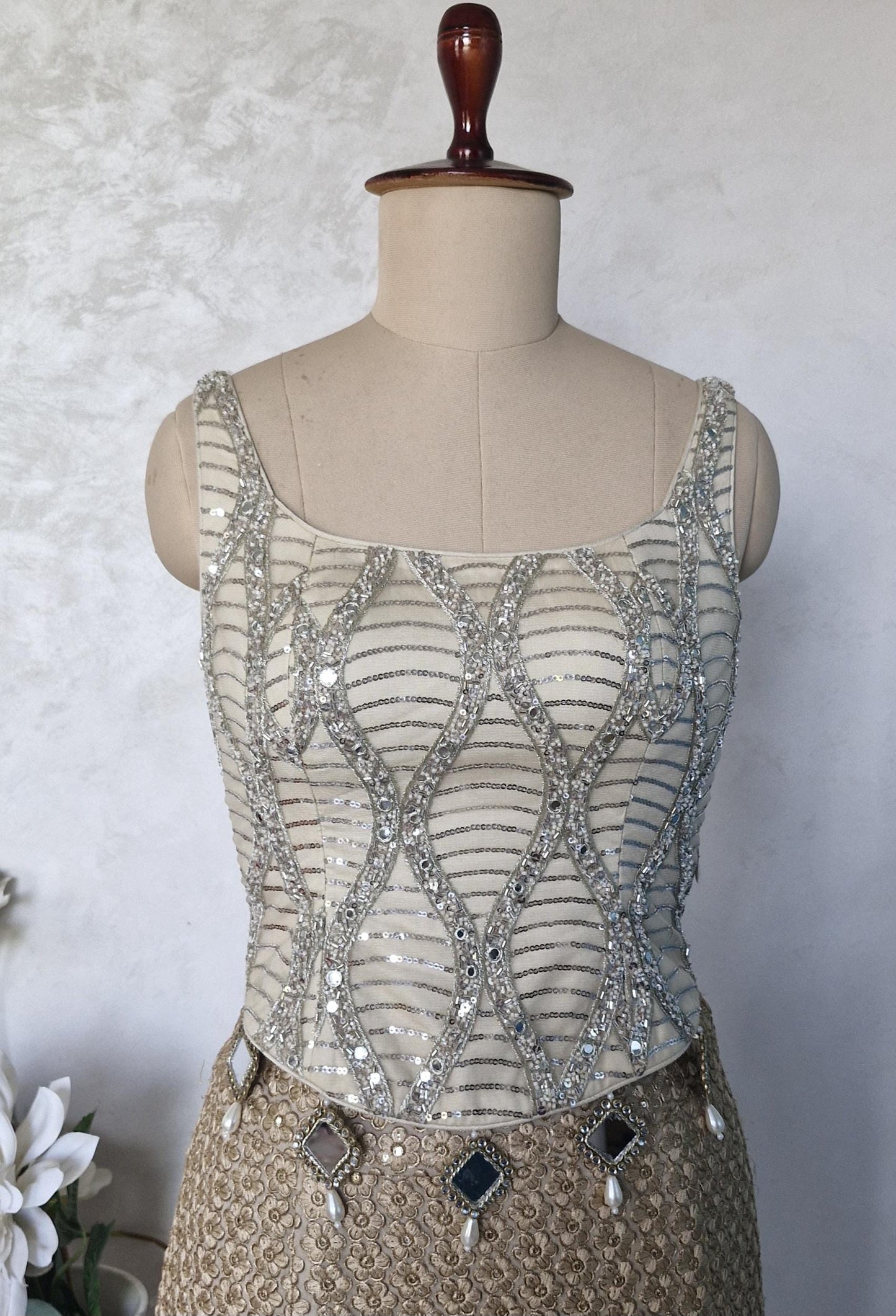 Embroidered Net Cream Gold Backless Corset Blouse DVCB_012