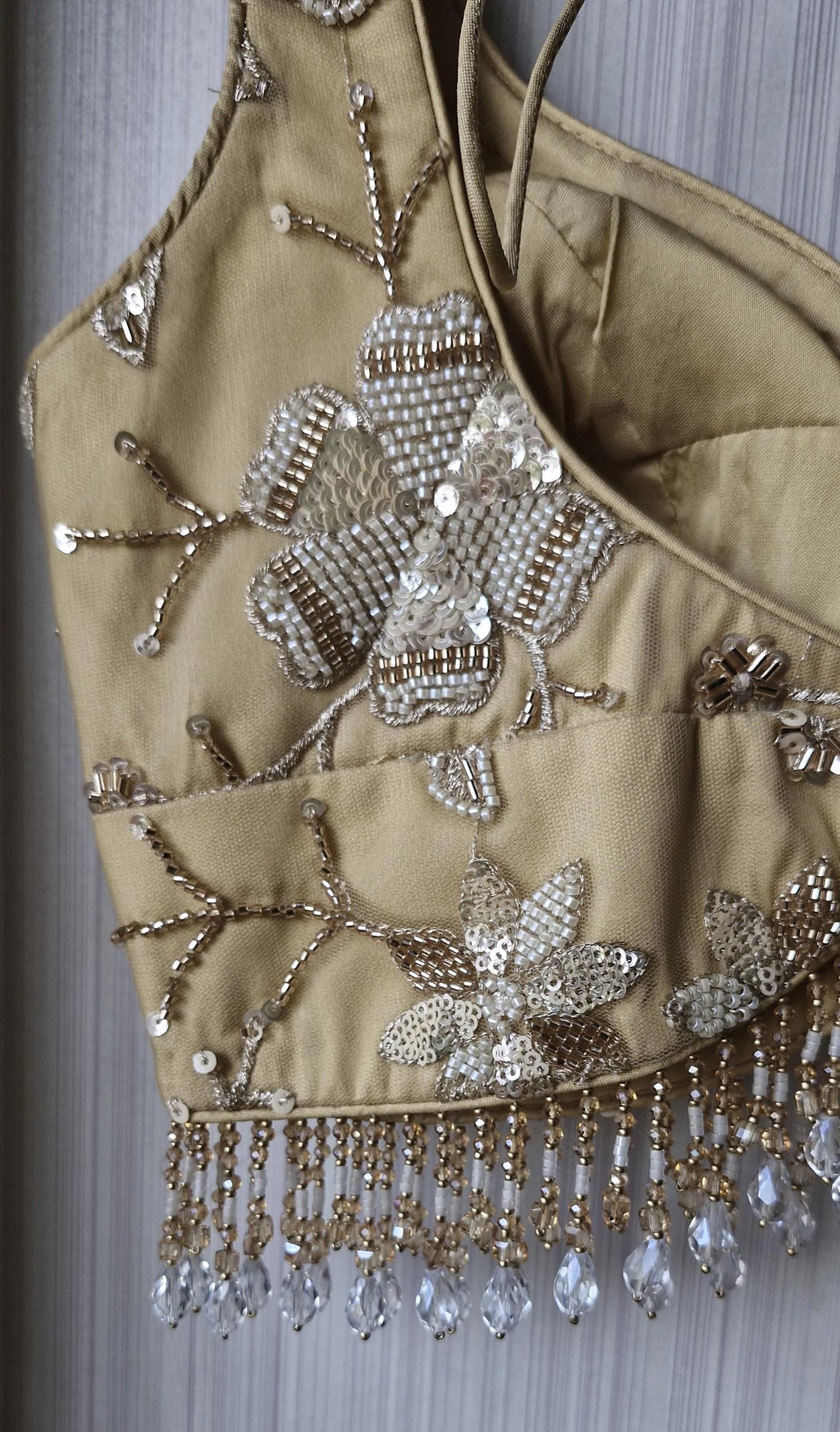 Golden Beige Saree Blouse, Embroidered Net Sweetheart Neck DVBL_476