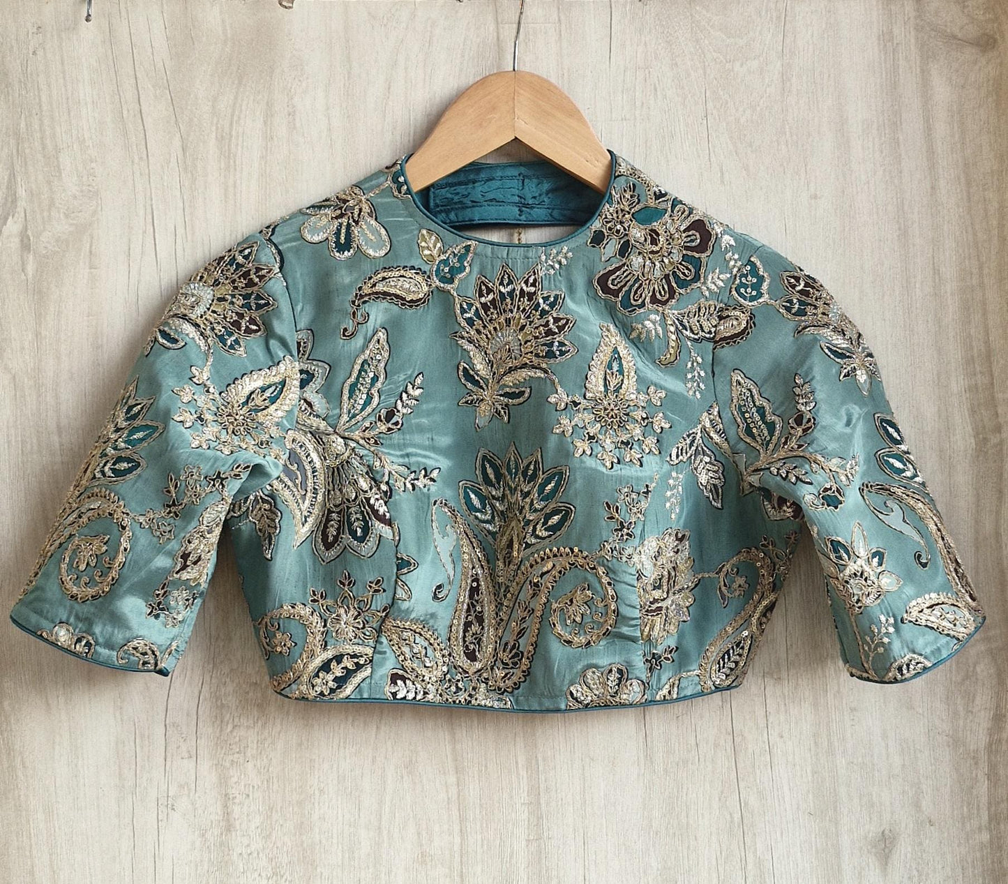 Green Embroidered Crepe Half Sleeves Blouse DVBL_473