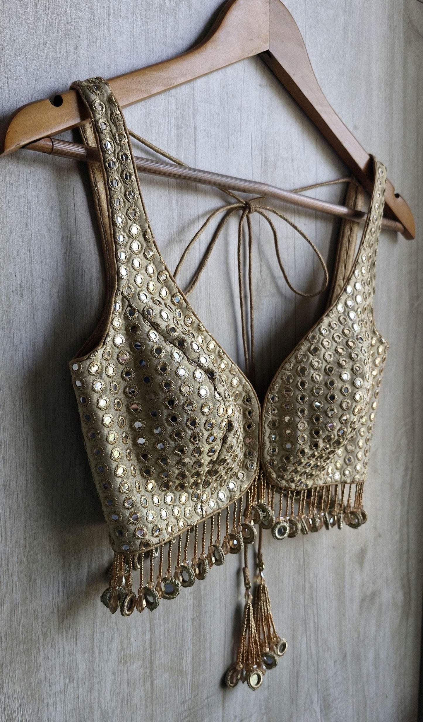 Champagne Gold Saree Blouse, Tissue Silk Sweetheart Neck, Mirror Fringes DVBL_479