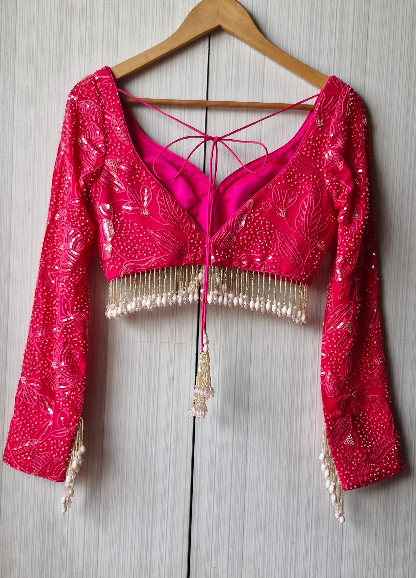 Hot Pink Embroidered Sweetheart Neck Blouse DVBL_466