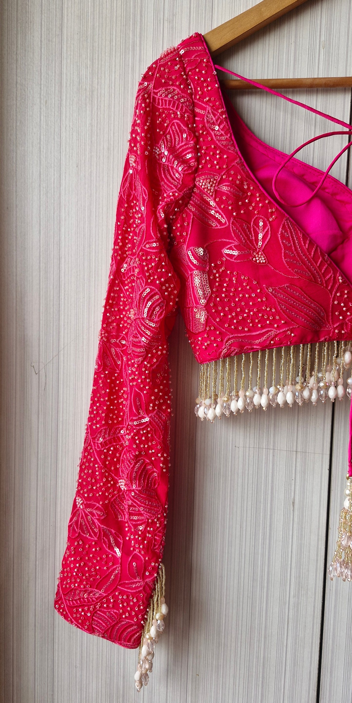 Hot Pink Embroidered Sweetheart Neck Blouse DVBL_466