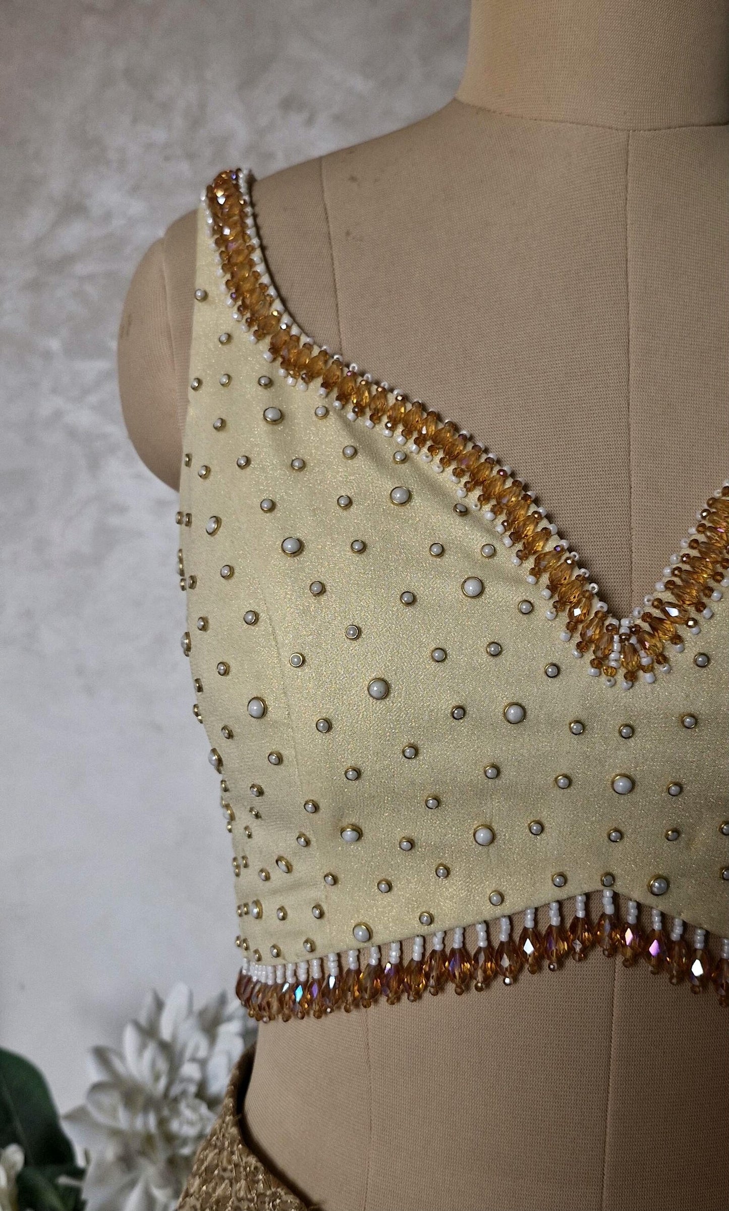 Hand Embroidered Cream Gold Wedding Sweetheart Neck DVBL_465