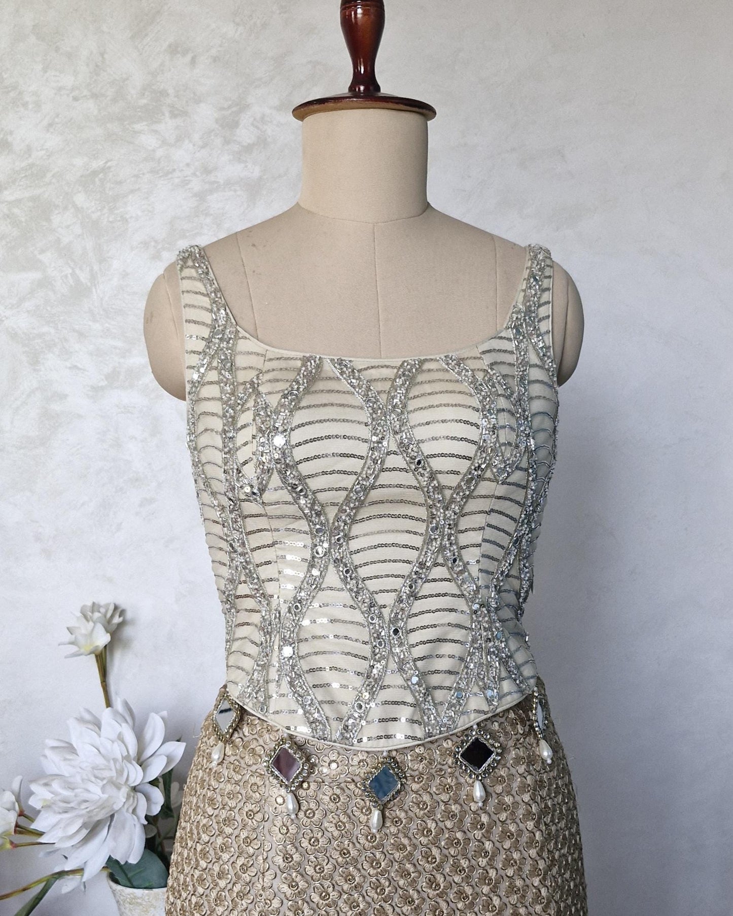 Embroidered Net Cream Gold Backless Corset Blouse DVCB_012
