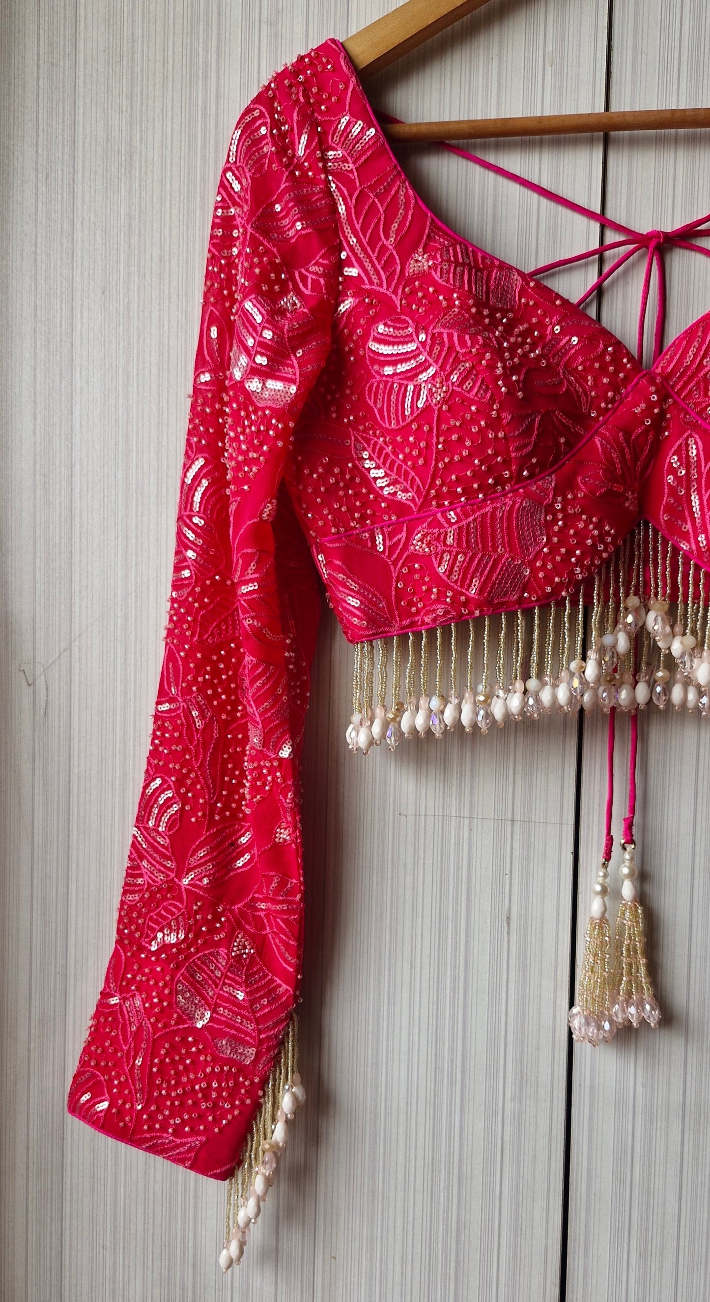 Hot Pink Embroidered Sweetheart Neck Blouse DVBL_466