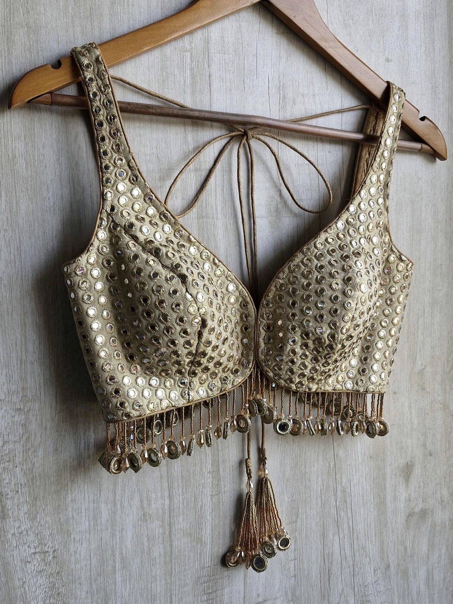 Champagne Gold Saree Blouse, Tissue Silk Sweetheart Neck, Mirror Fringes DVBL_479