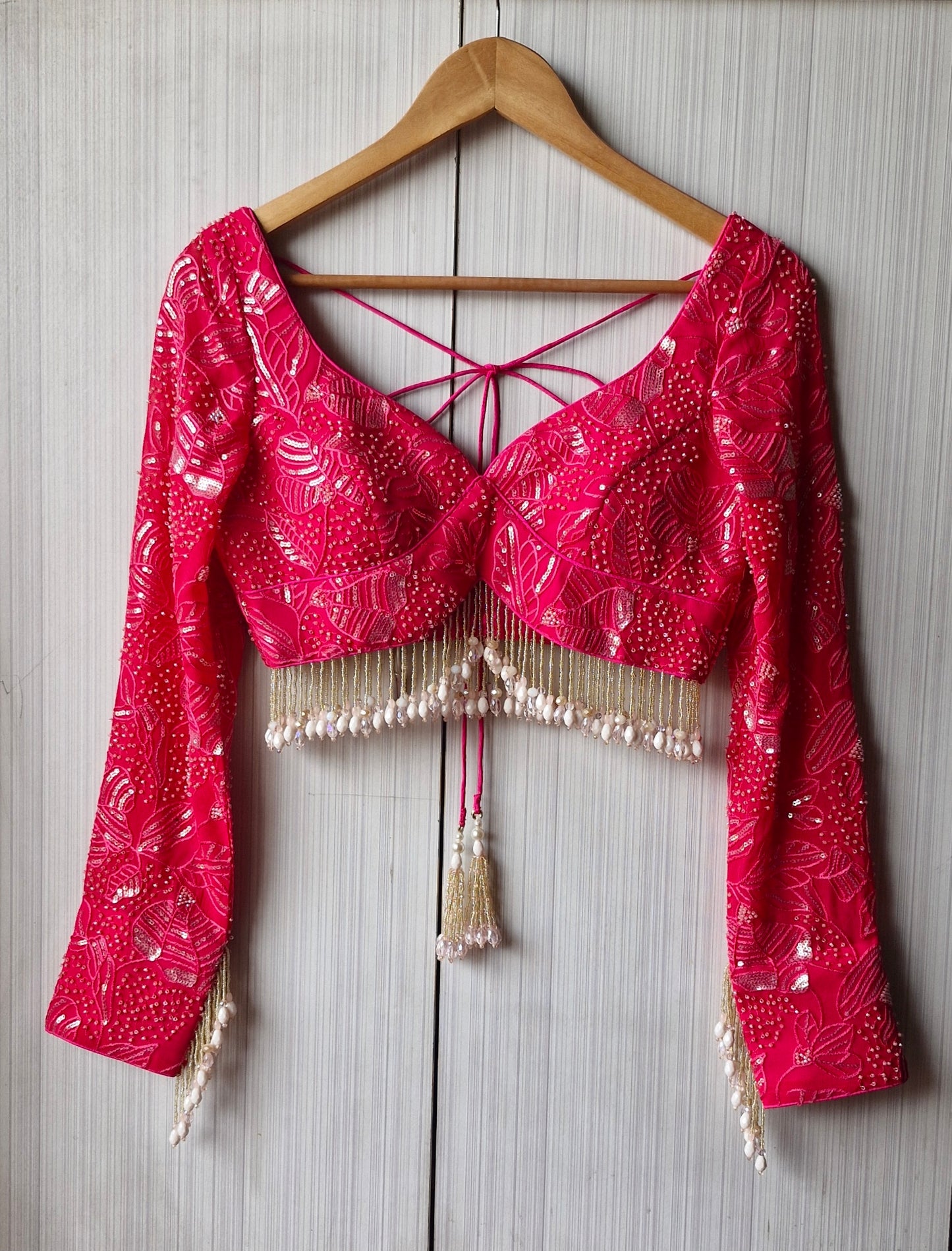 Hot Pink Embroidered Sweetheart Neck Blouse DVBL_466