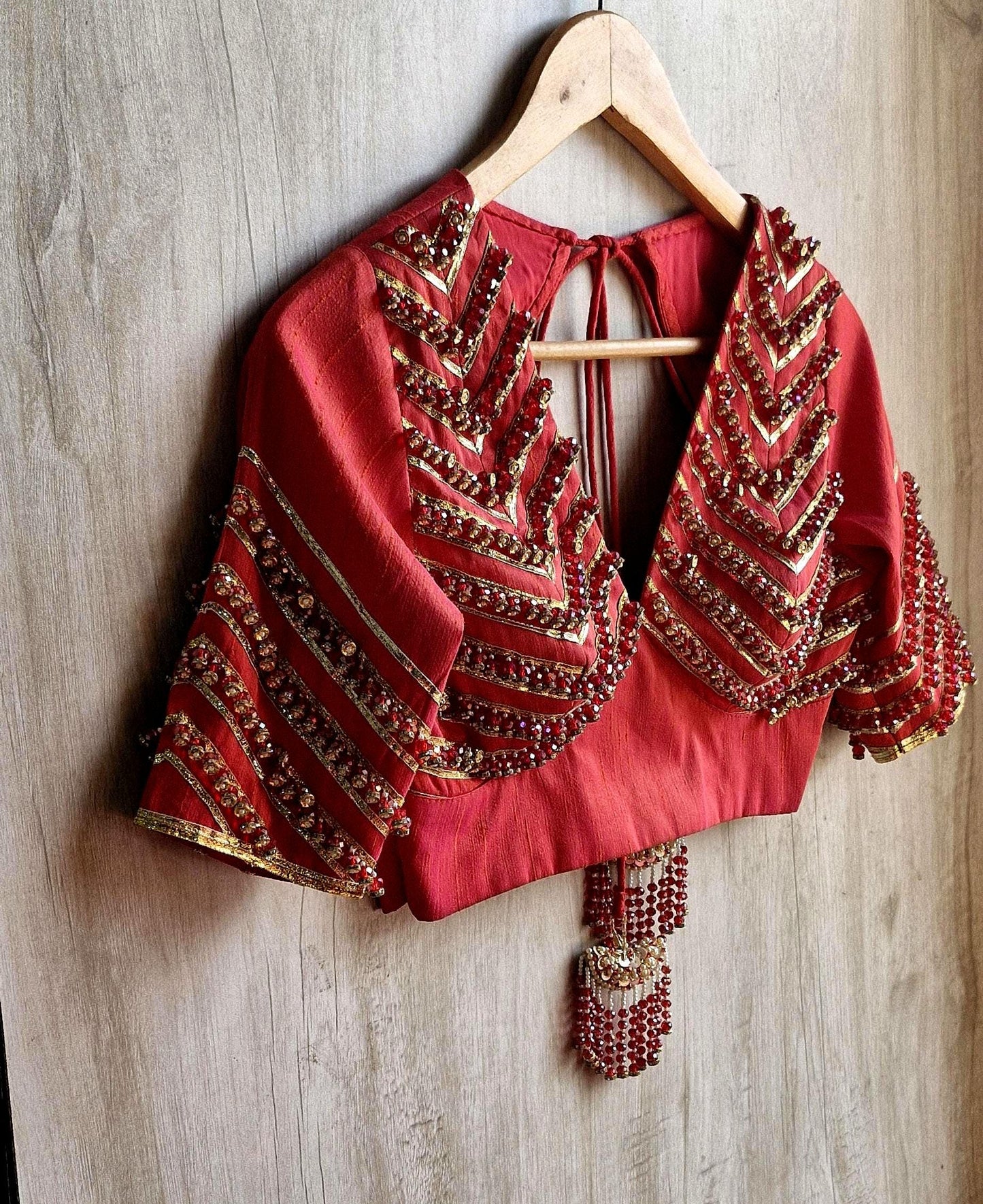 Hand Embroidered Saree Blouse, Coral Pink Silk, V Neck Elbow Sleeves DVBL_474