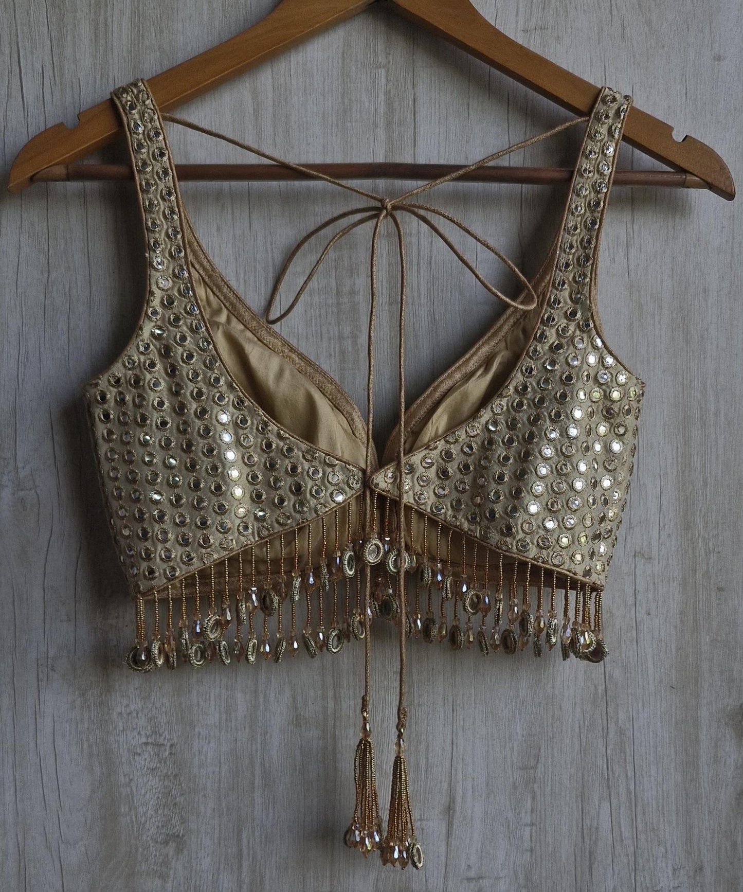 Champagne Gold Saree Blouse, Tissue Silk Sweetheart Neck, Mirror Fringes DVBL_479