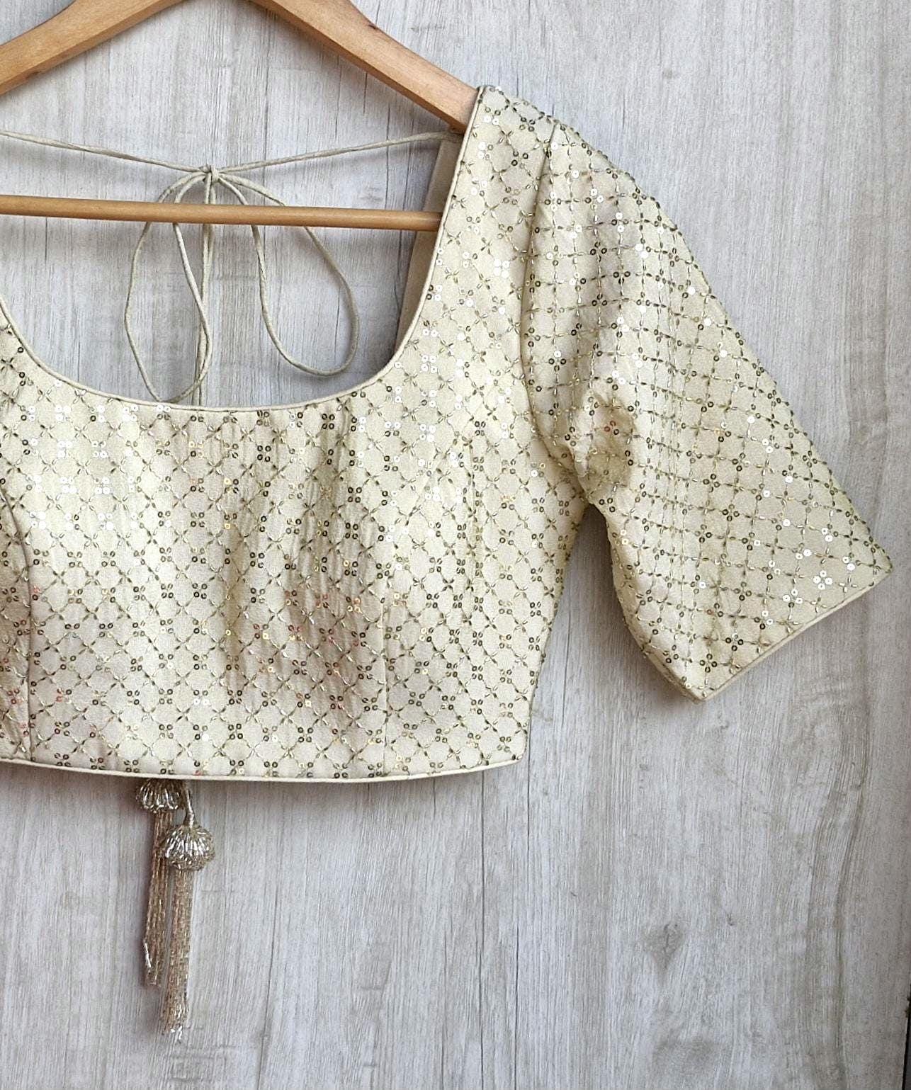 Embroidered Saree Blouse, Cream Gold Silk, Round Neck Elbow Sleeves DVBL_475