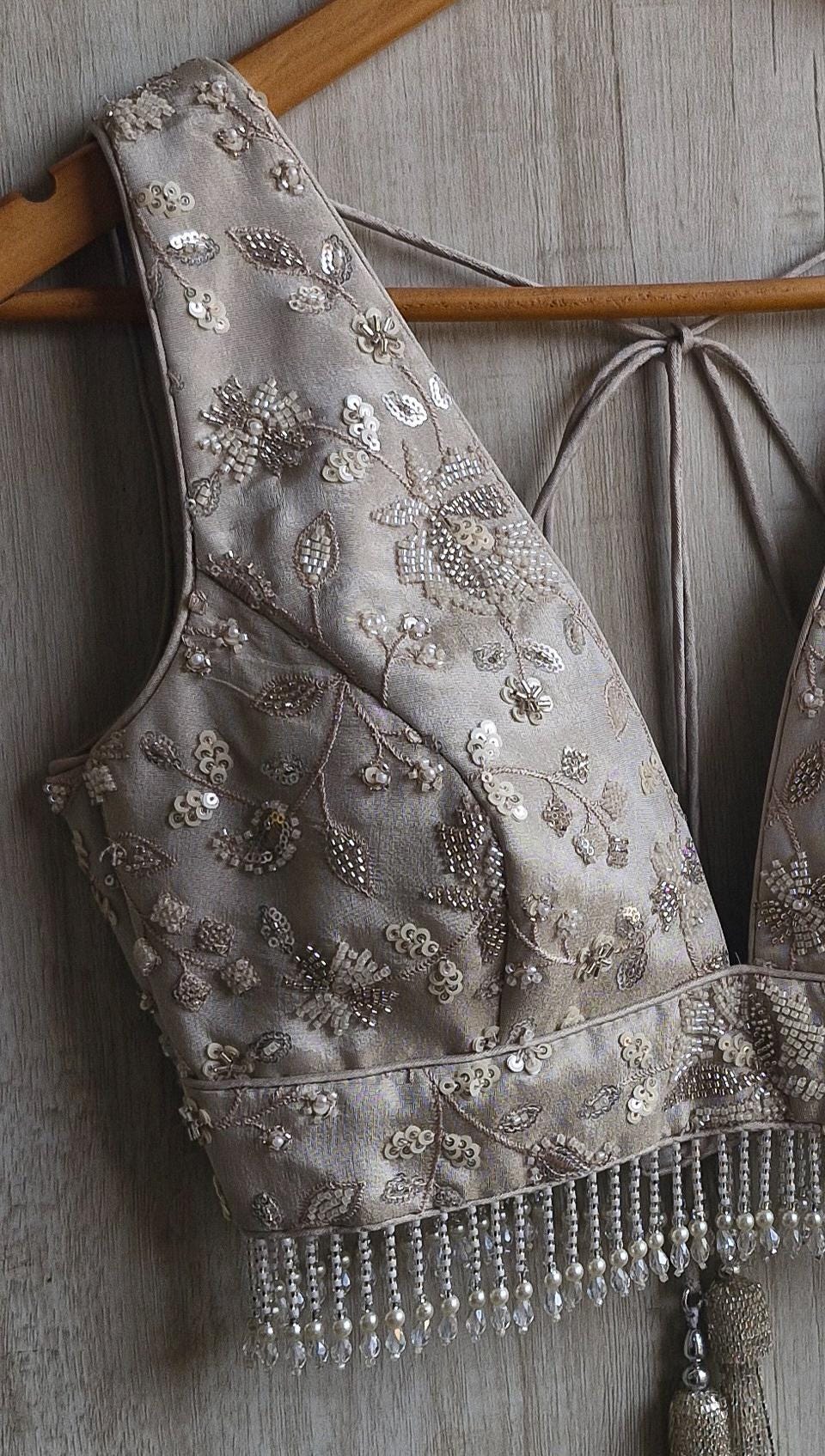 Warm Silver Embroidered Tissue Silk Blouse DVBL_470