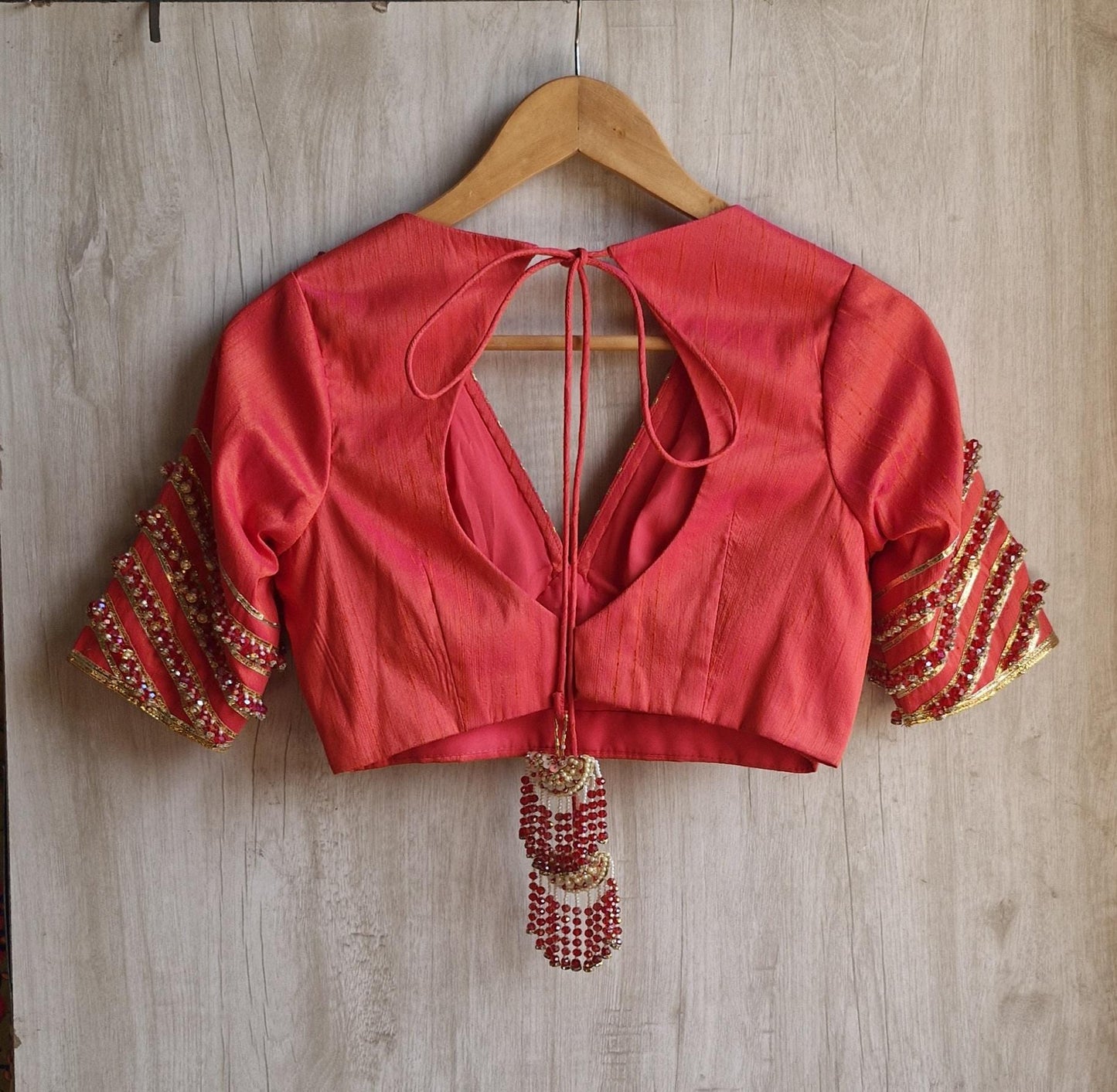 Hand Embroidered Saree Blouse, Coral Pink Silk, V Neck Elbow Sleeves DVBL_474