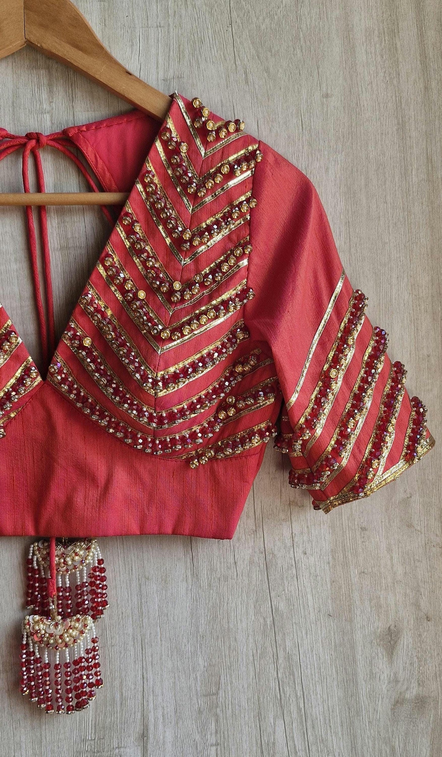 Hand Embroidered Saree Blouse, Coral Pink Silk, V Neck Elbow Sleeves DVBL_474