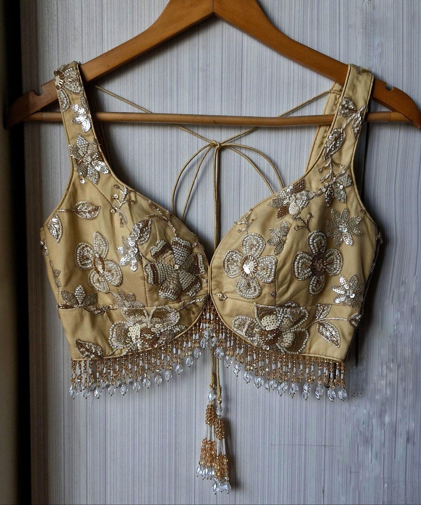 Golden Beige Saree Blouse, Embroidered Net Sweetheart Neck DVBL_476