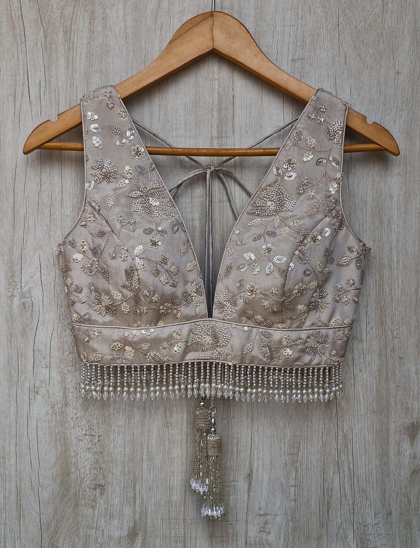 Warm Silver Embroidered Tissue Silk Blouse DVBL_470