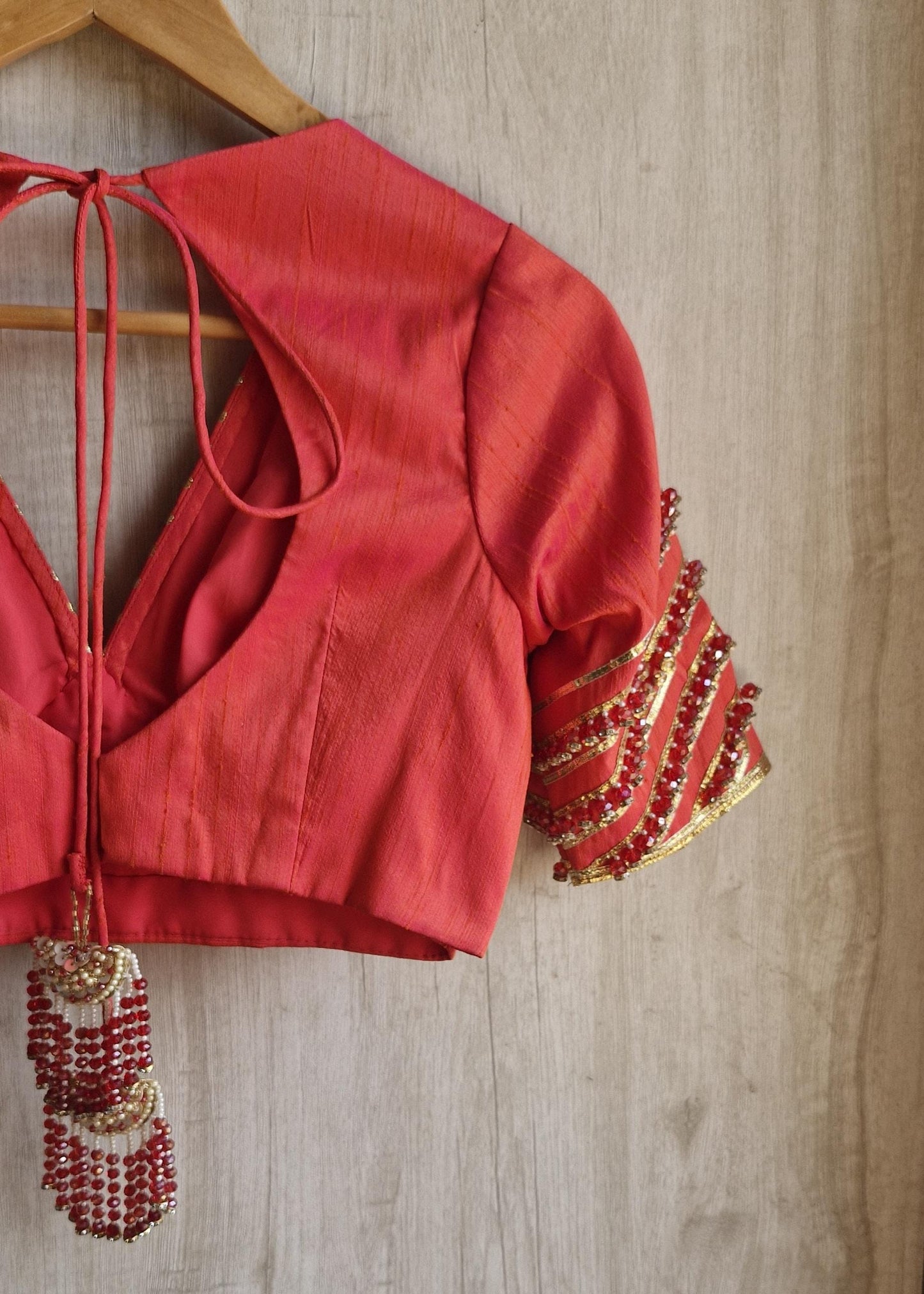 Hand Embroidered Saree Blouse, Coral Pink Silk, V Neck Elbow Sleeves DVBL_474