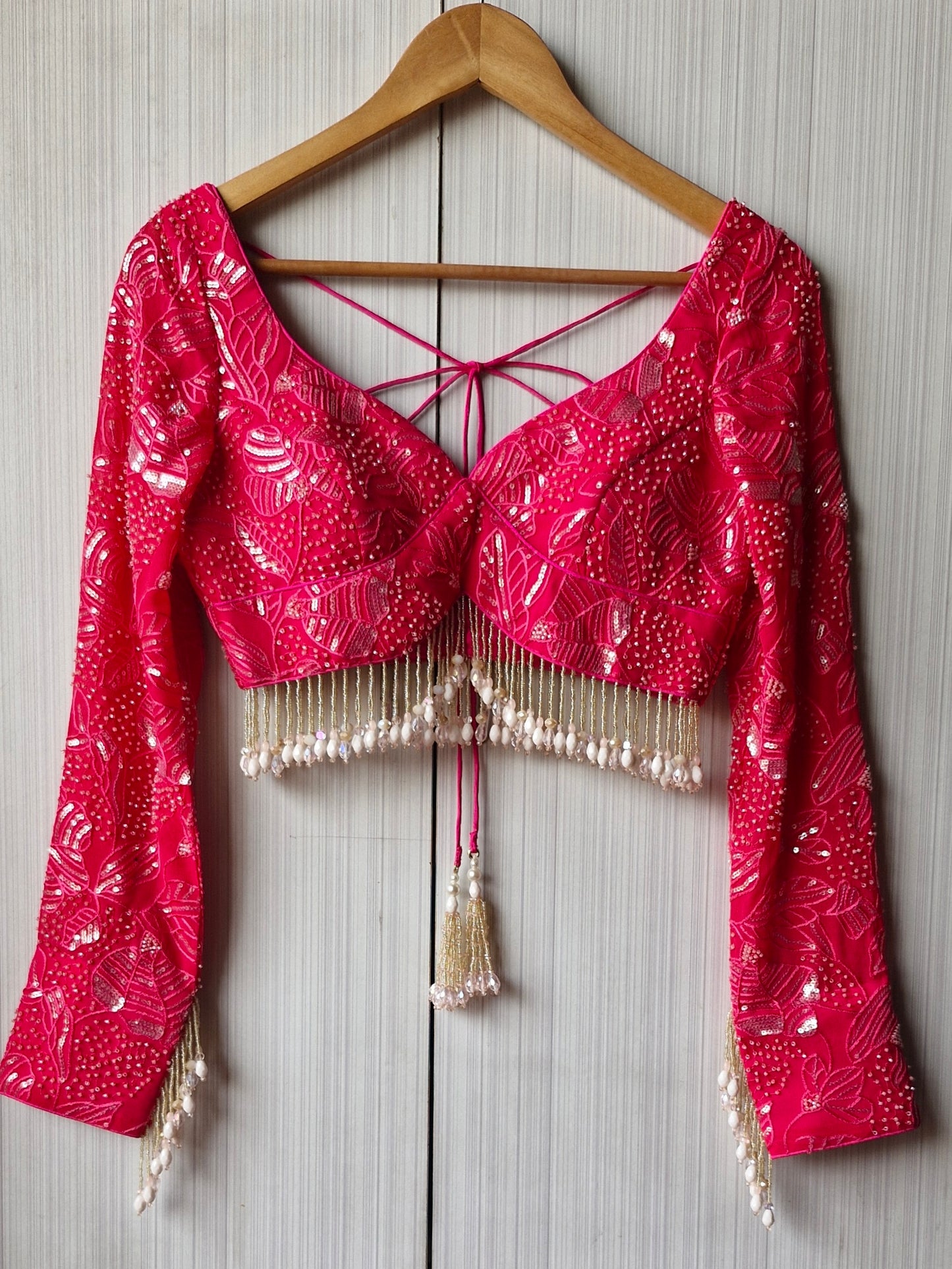 Hot Pink Embroidered Sweetheart Neck Blouse DVBL_466