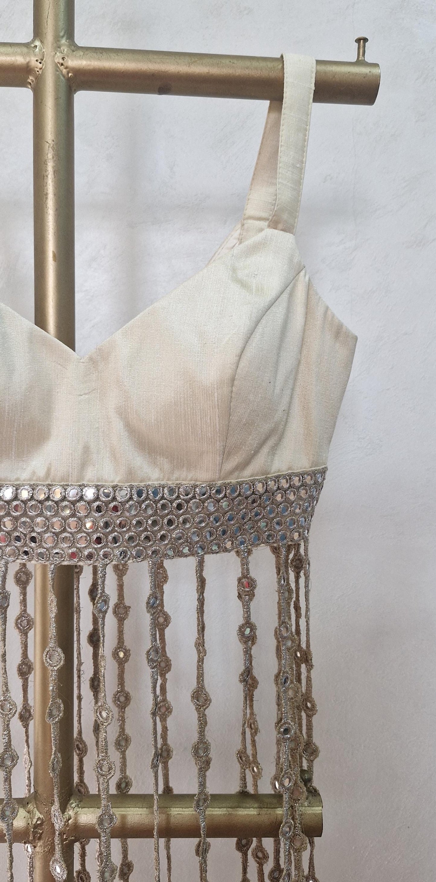Cream Gold Saree Blouse, Raw Silk V Neck, Mirror Fringes DVBL_477