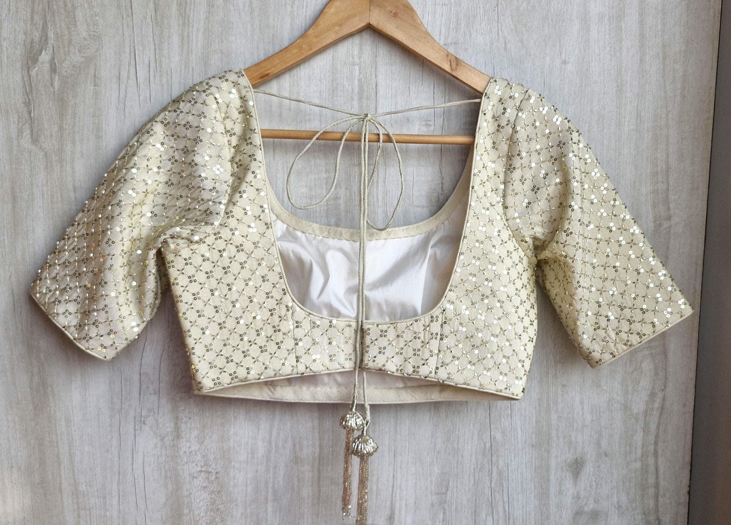 Embroidered Saree Blouse, Cream Gold Silk, Round Neck Elbow Sleeves DVBL_475