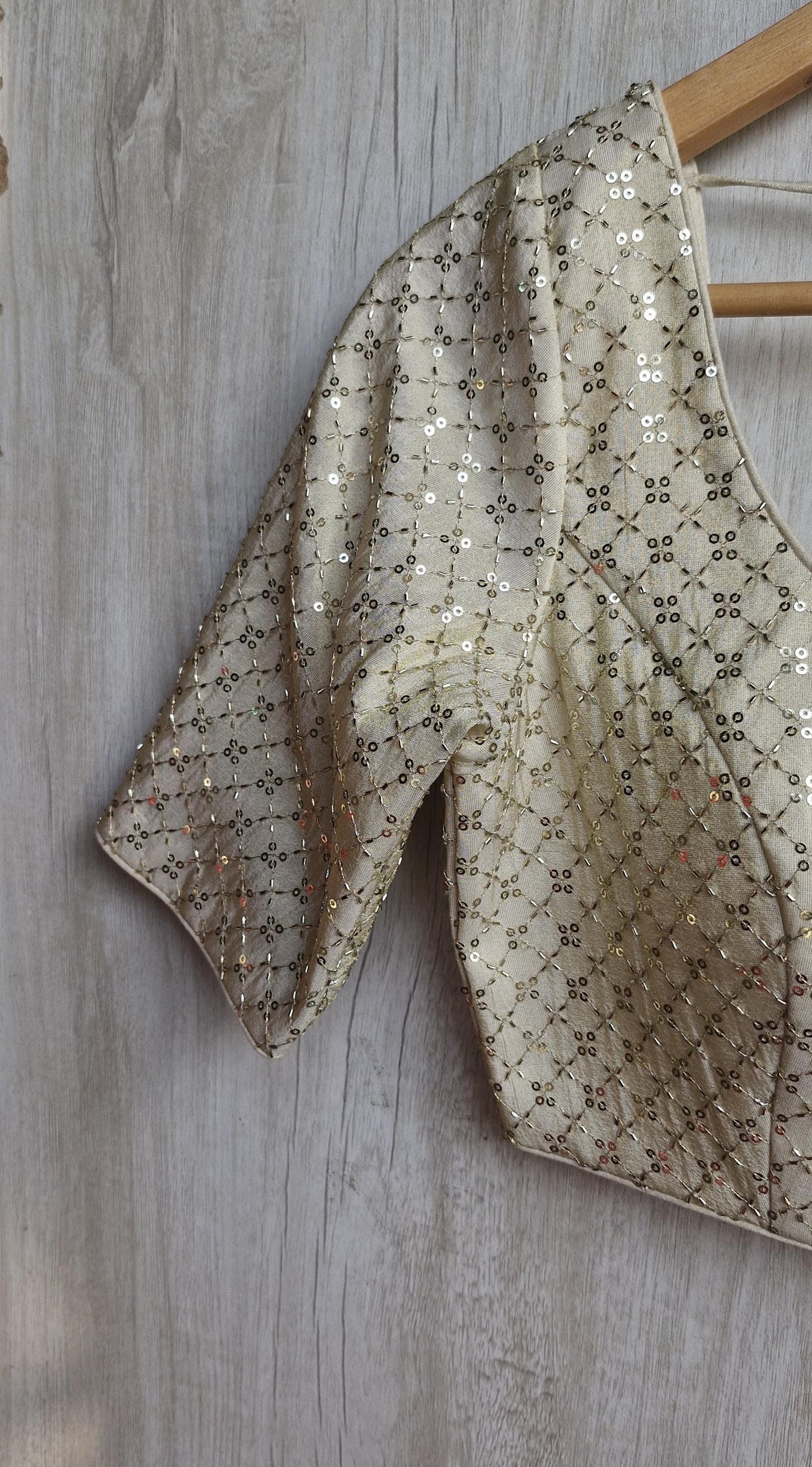 Embroidered Saree Blouse, Cream Gold Silk, Round Neck Elbow Sleeves DVBL_475