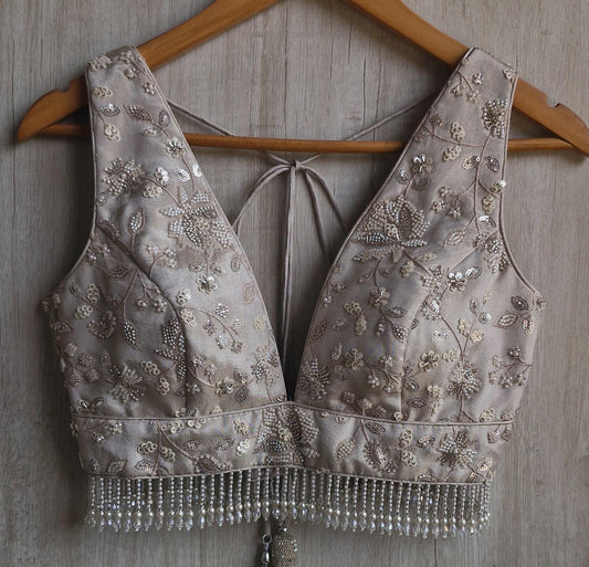 Warm Silver Embroidered Tissue Silk Blouse DVBL_470