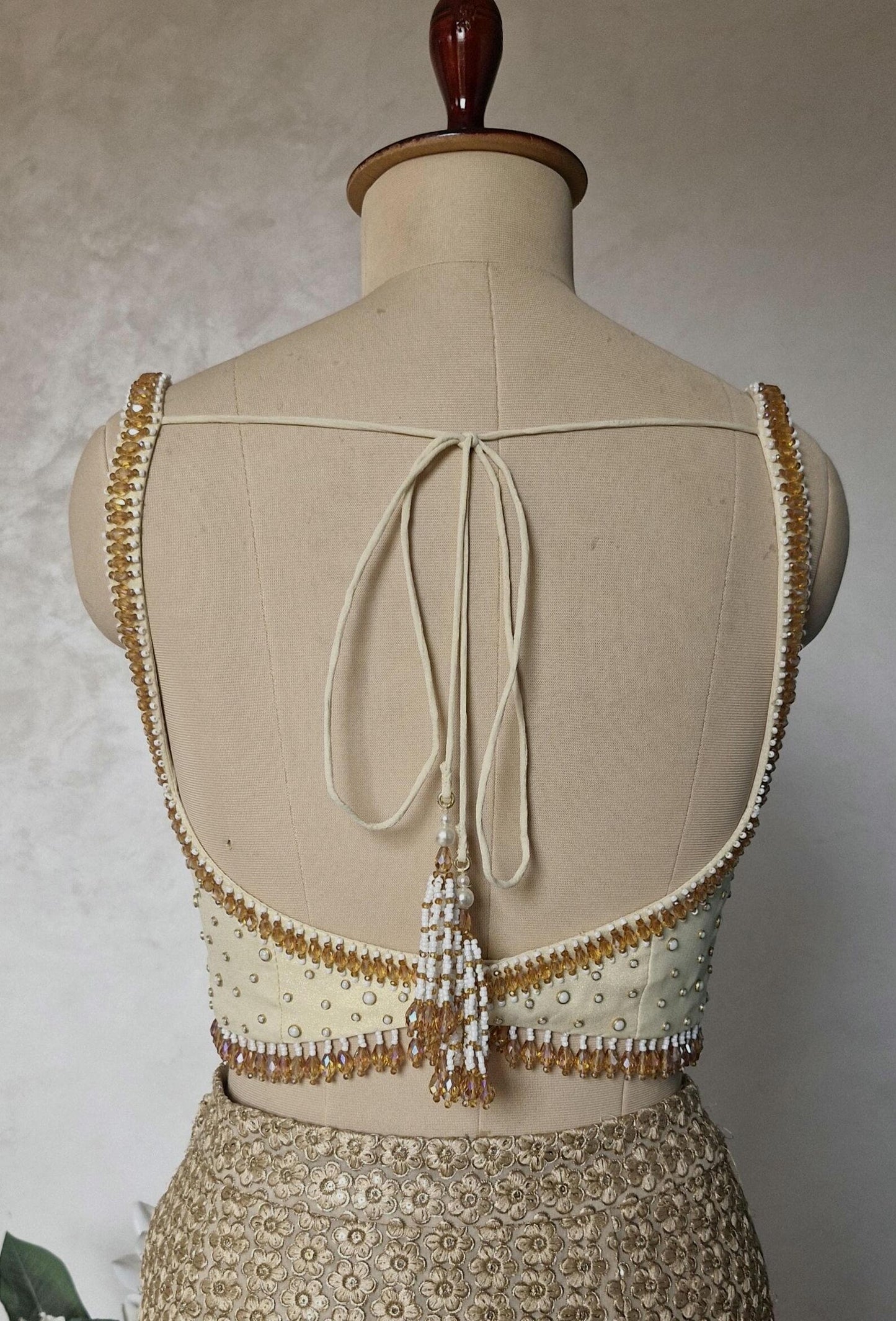 Hand Embroidered Cream Gold Wedding Sweetheart Neck DVBL_465