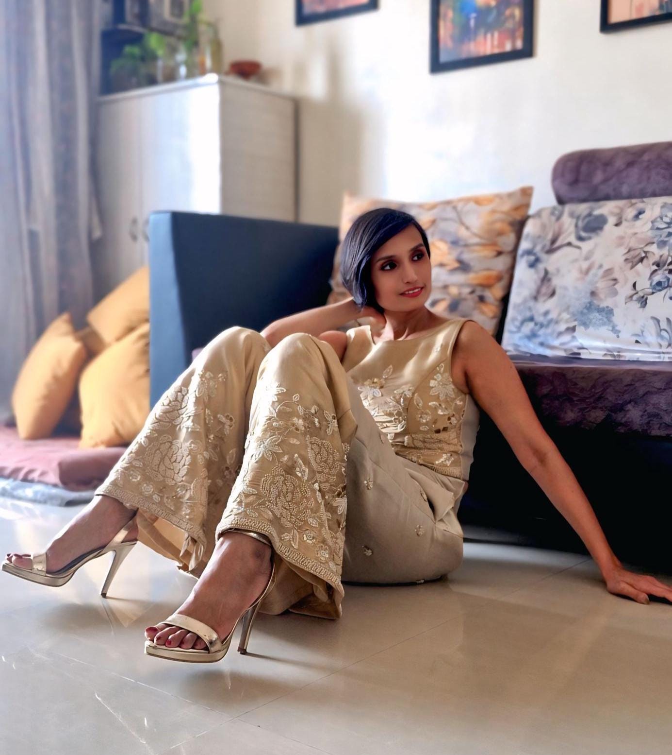 Gold Silver Embroidered Tissue Silk Pants, Top Co-ord Set DVCW_004