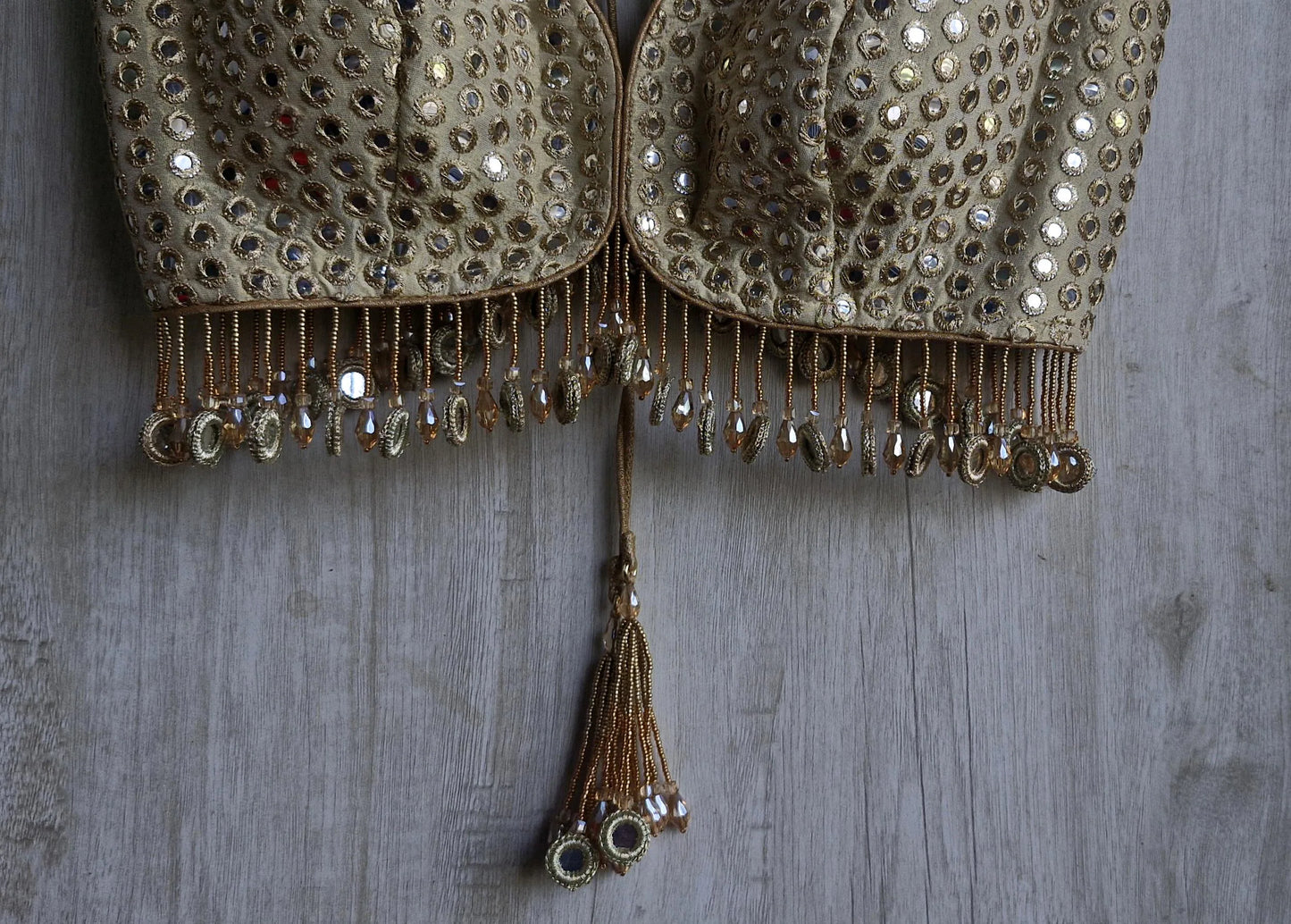 Champagne Gold Saree Blouse, Tissue Silk Sweetheart Neck, Mirror Fringes DVBL_479