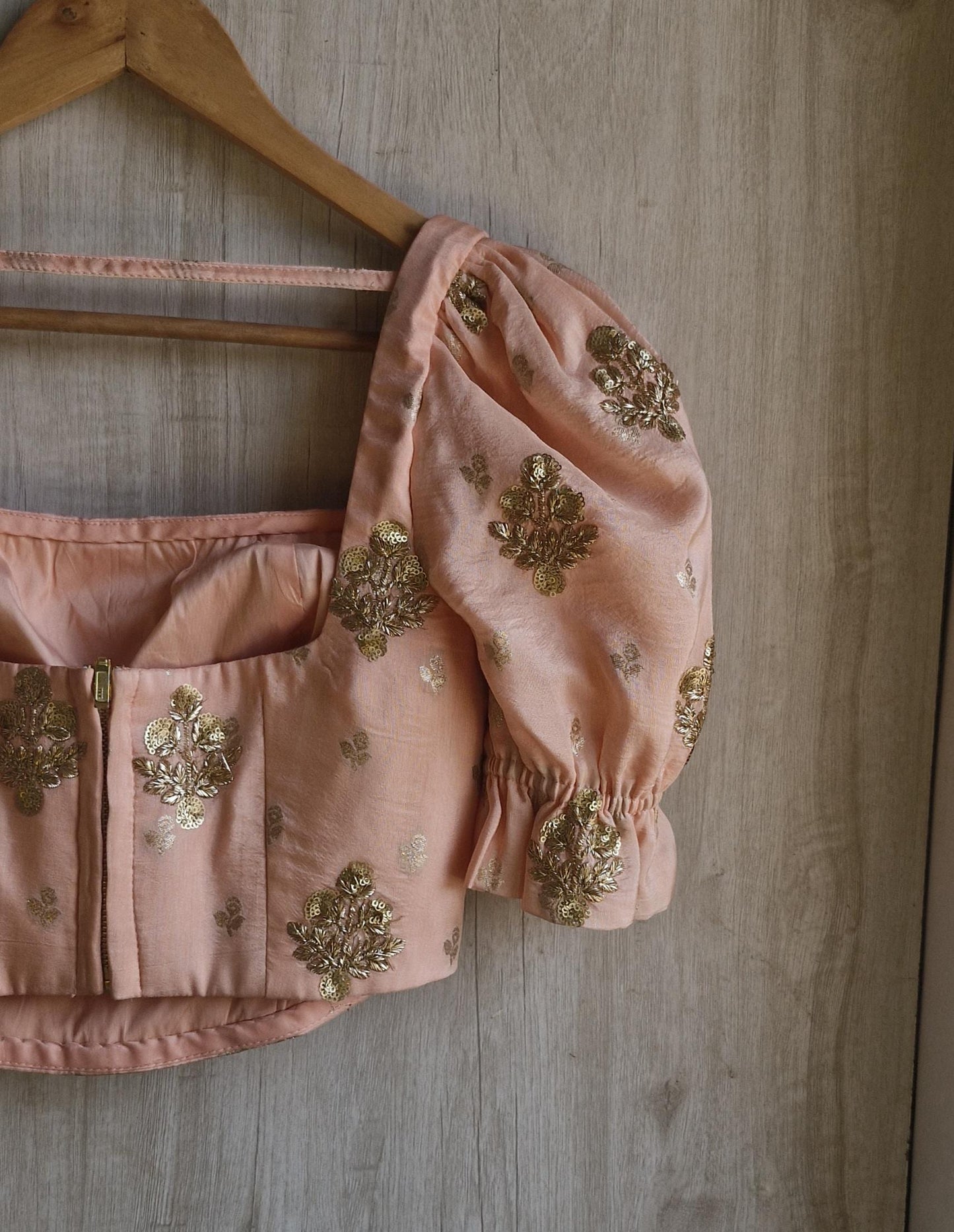 Peach Embroidered Puff Sleeves Silk Corset Blouse DVCB_013