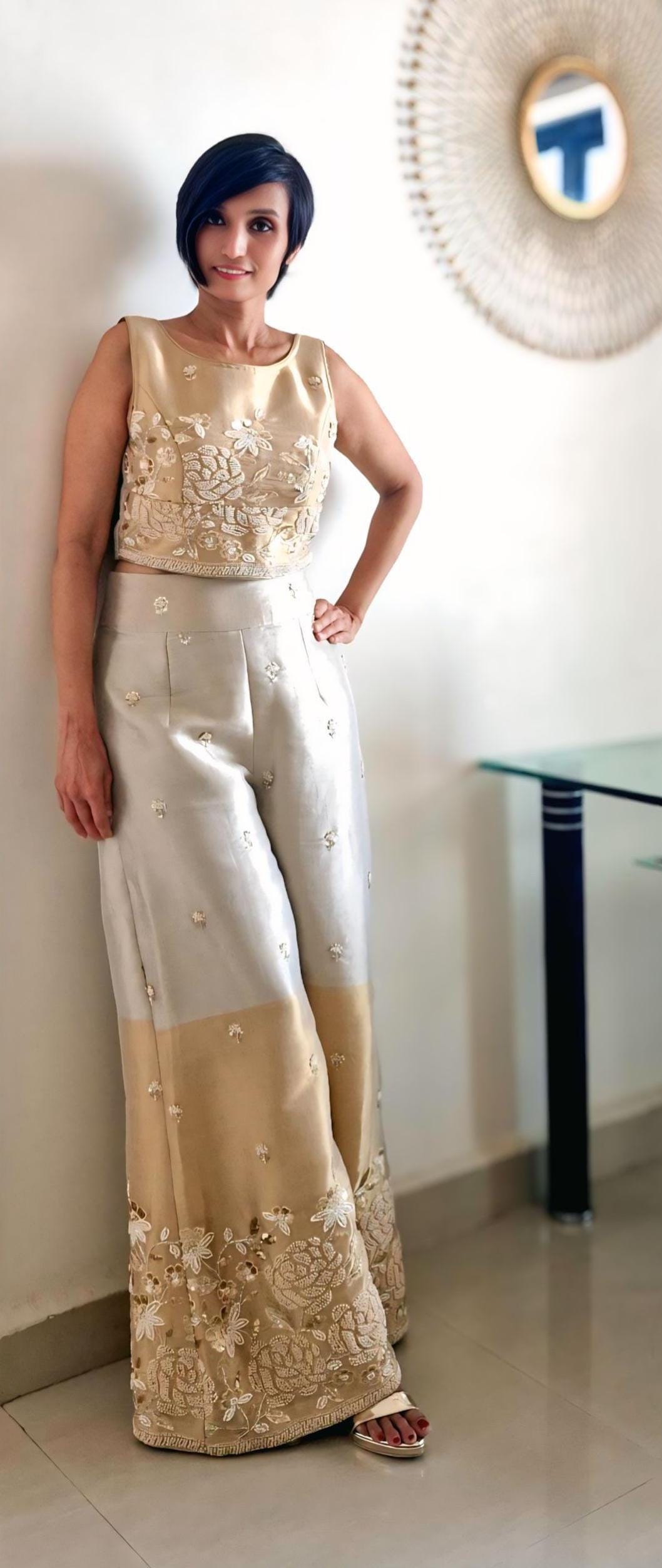 Gold Silver Embroidered Tissue Silk Pants, Top Co-ord Set DVCW_004