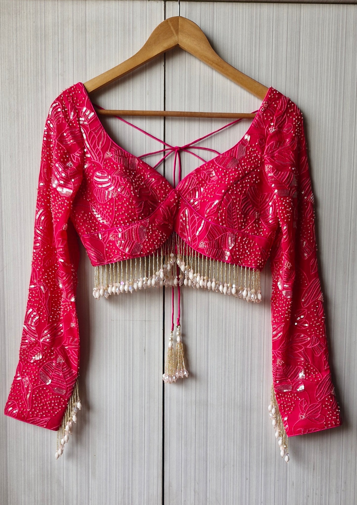 Hot Pink Embroidered Sweetheart Neck Blouse DVBL_466
