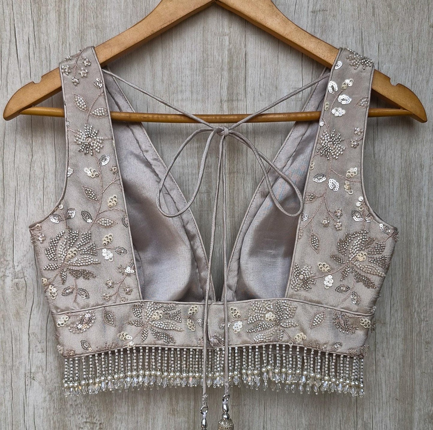 Warm Silver Embroidered Tissue Silk Blouse DVBL_470
