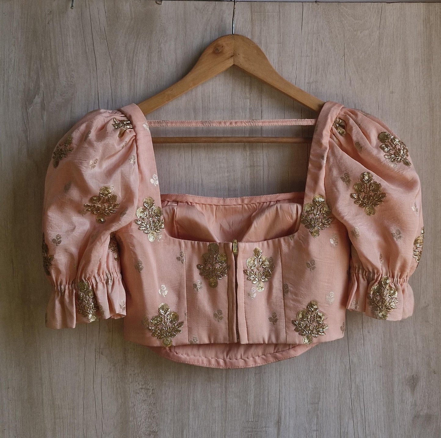 Peach Embroidered Puff Sleeves Silk Corset Blouse DVCB_013