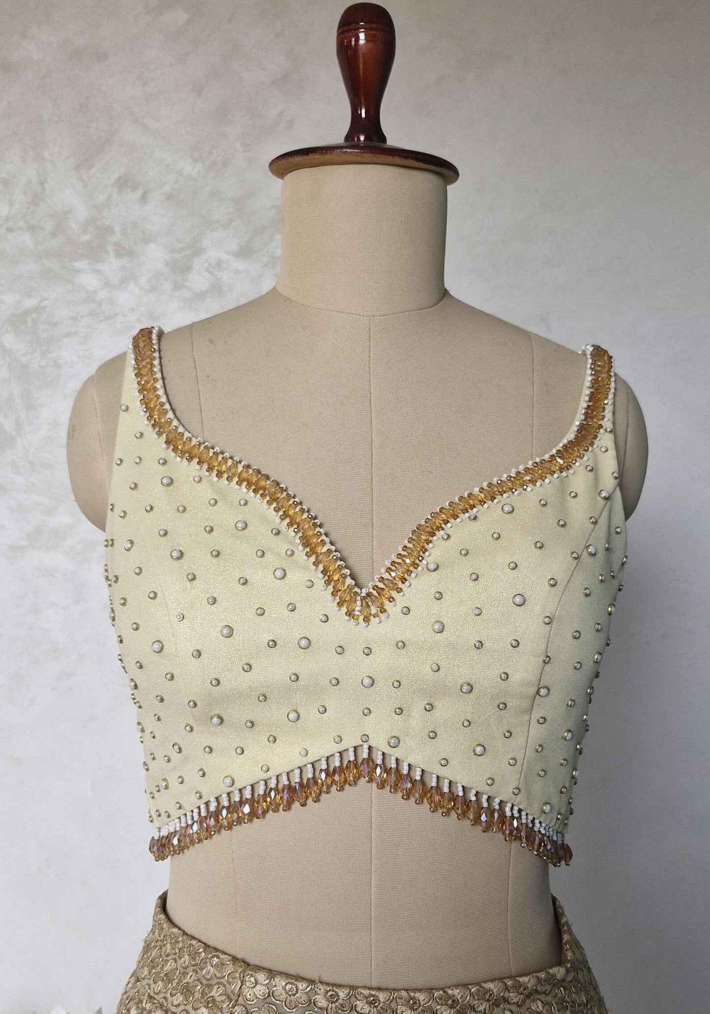 Hand Embroidered Cream Gold Wedding Sweetheart Neck DVBL_465