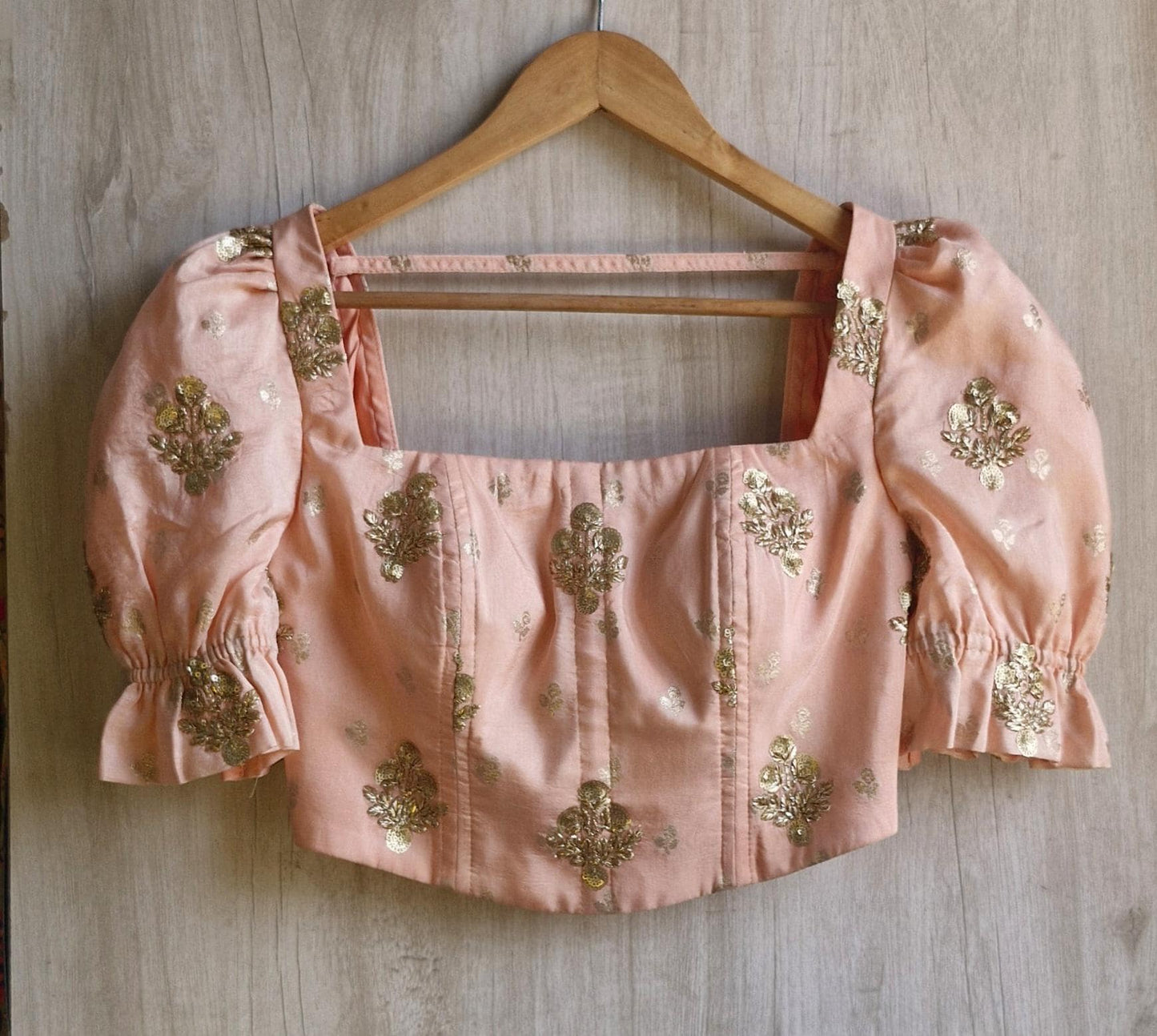 Peach Embroidered Puff Sleeves Silk Corset Blouse DVCB_013