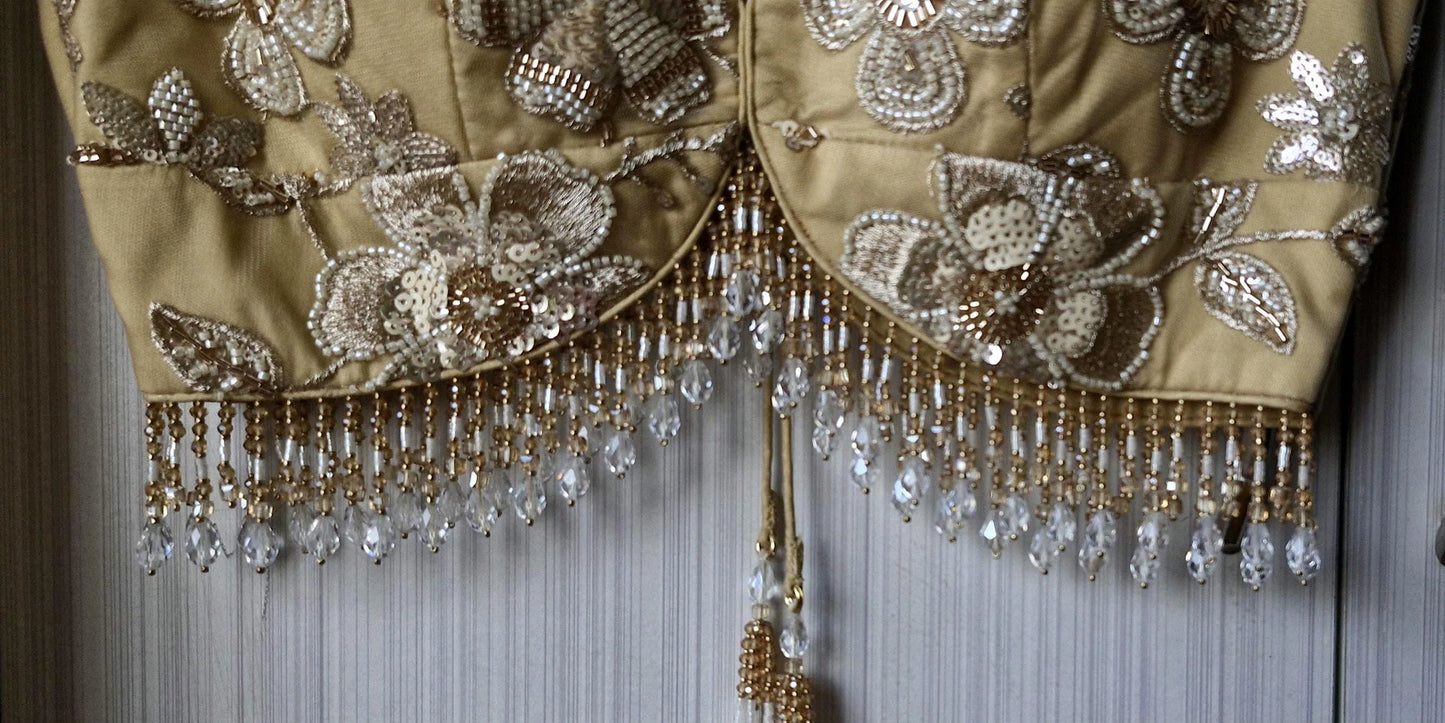 Golden Beige Saree Blouse, Embroidered Net Sweetheart Neck DVBL_476