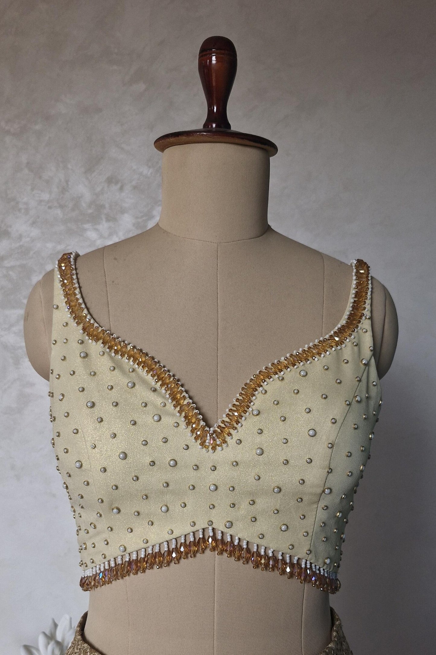 Hand Embroidered Cream Gold Wedding Sweetheart Neck DVBL_465