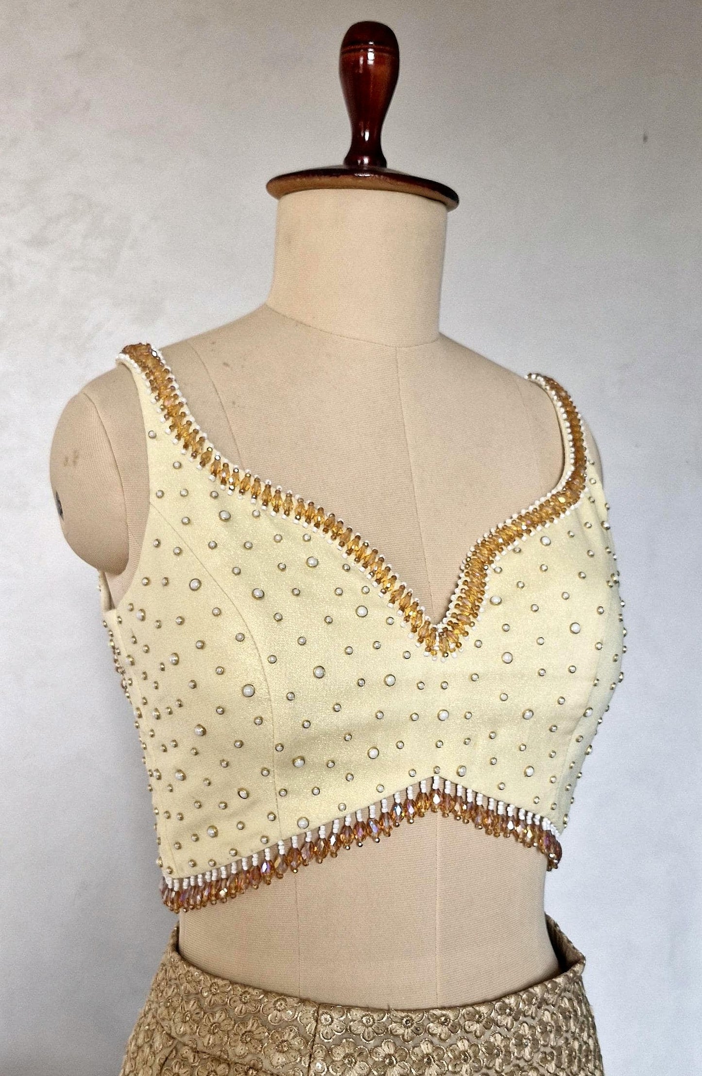 Hand Embroidered Cream Gold Wedding Sweetheart Neck DVBL_465
