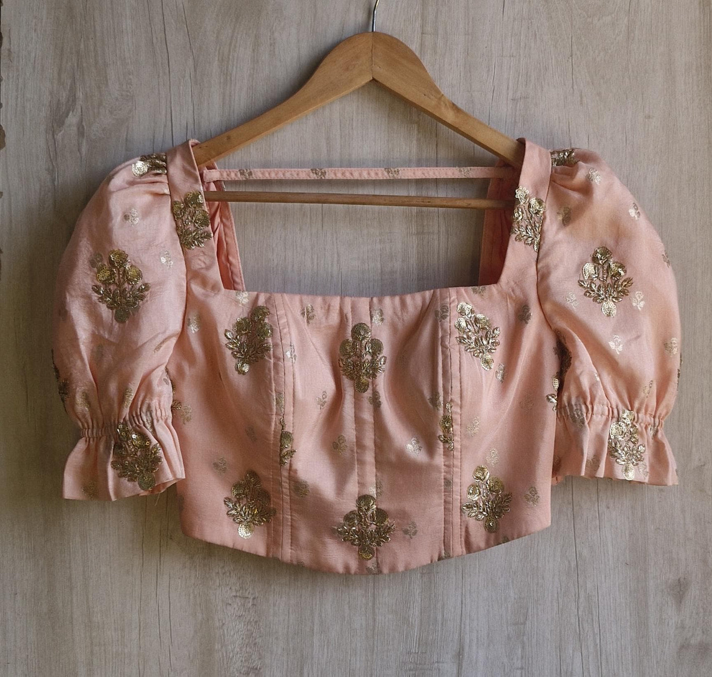 Peach Embroidered Puff Sleeves Silk Corset Blouse DVCB_013